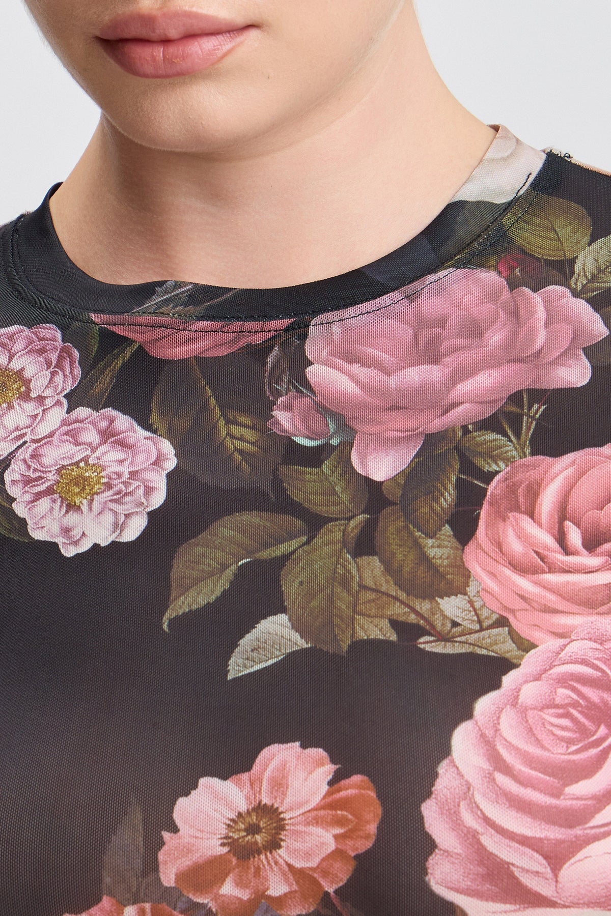 Black floral mesh top with a round neckline - Shop designer women's cute floral mesh tops by Avec Les Filles.
