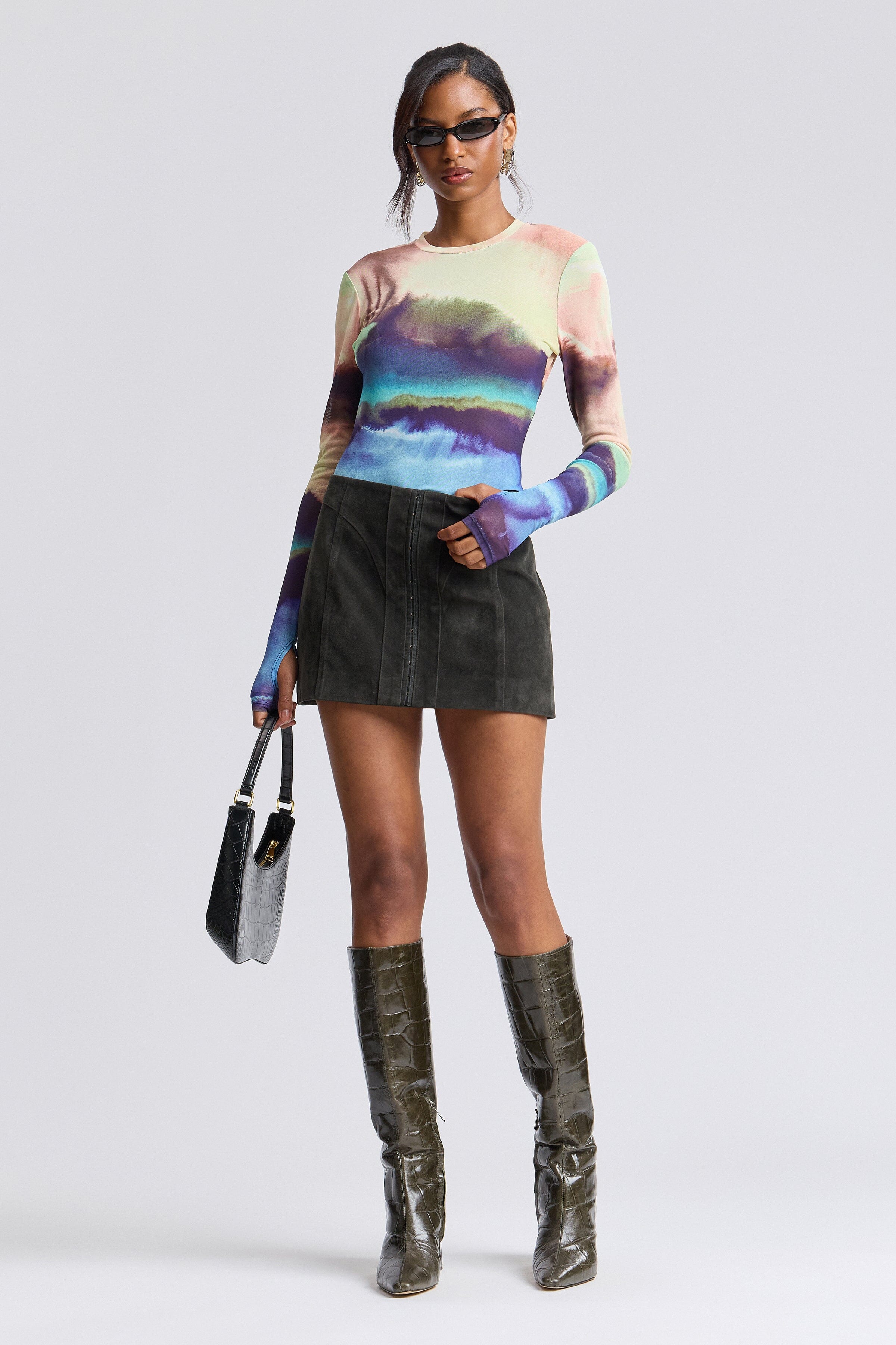 Colorful printed mesh top womens with crew neck and long sleeves - Shop designer fitted tops by Avec Les Filles.