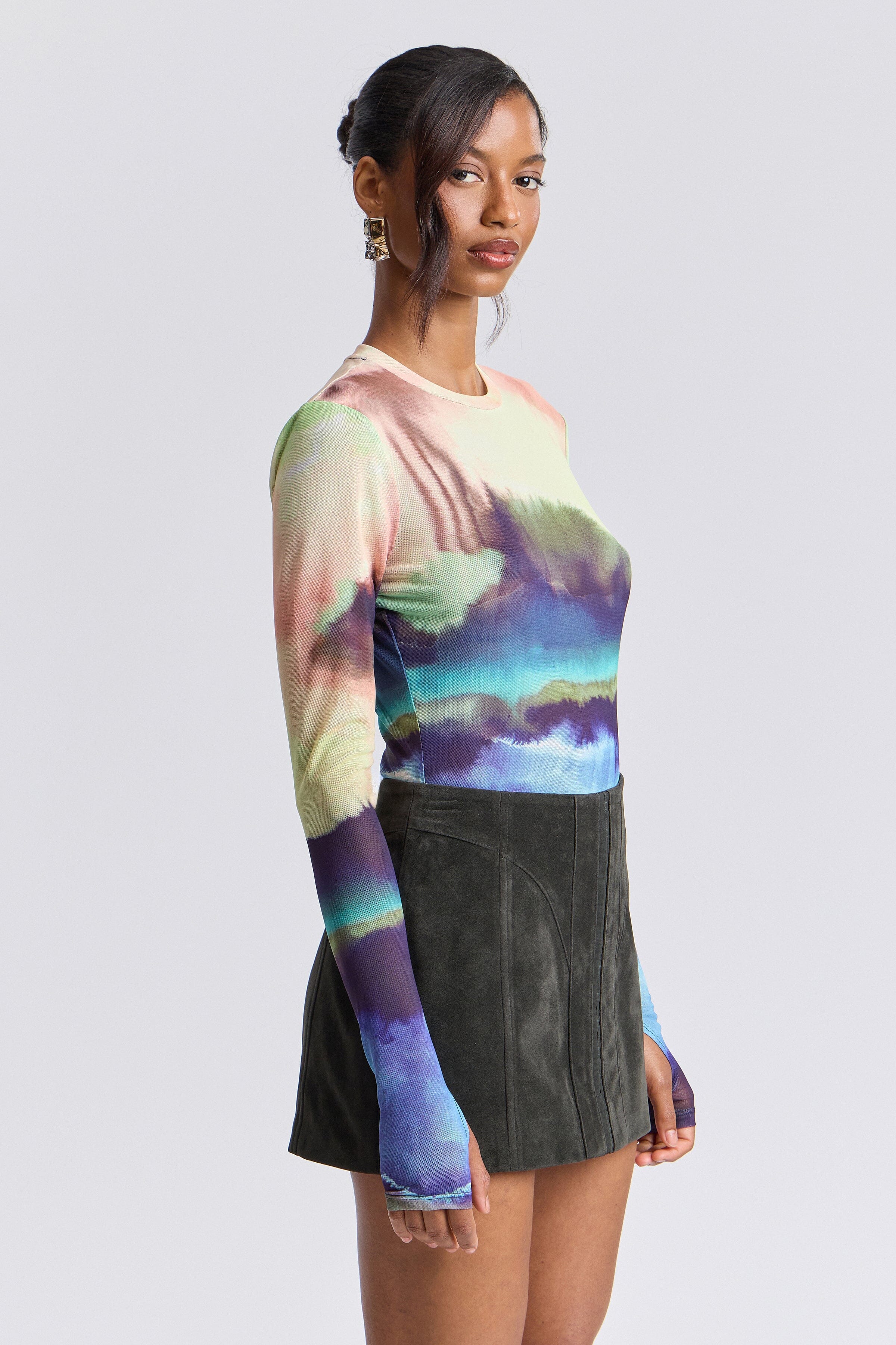 Graphic mesh top with crew neck and extra-long thumbhole sleeves - Shop women's fitted tops by Avec Les Filles.