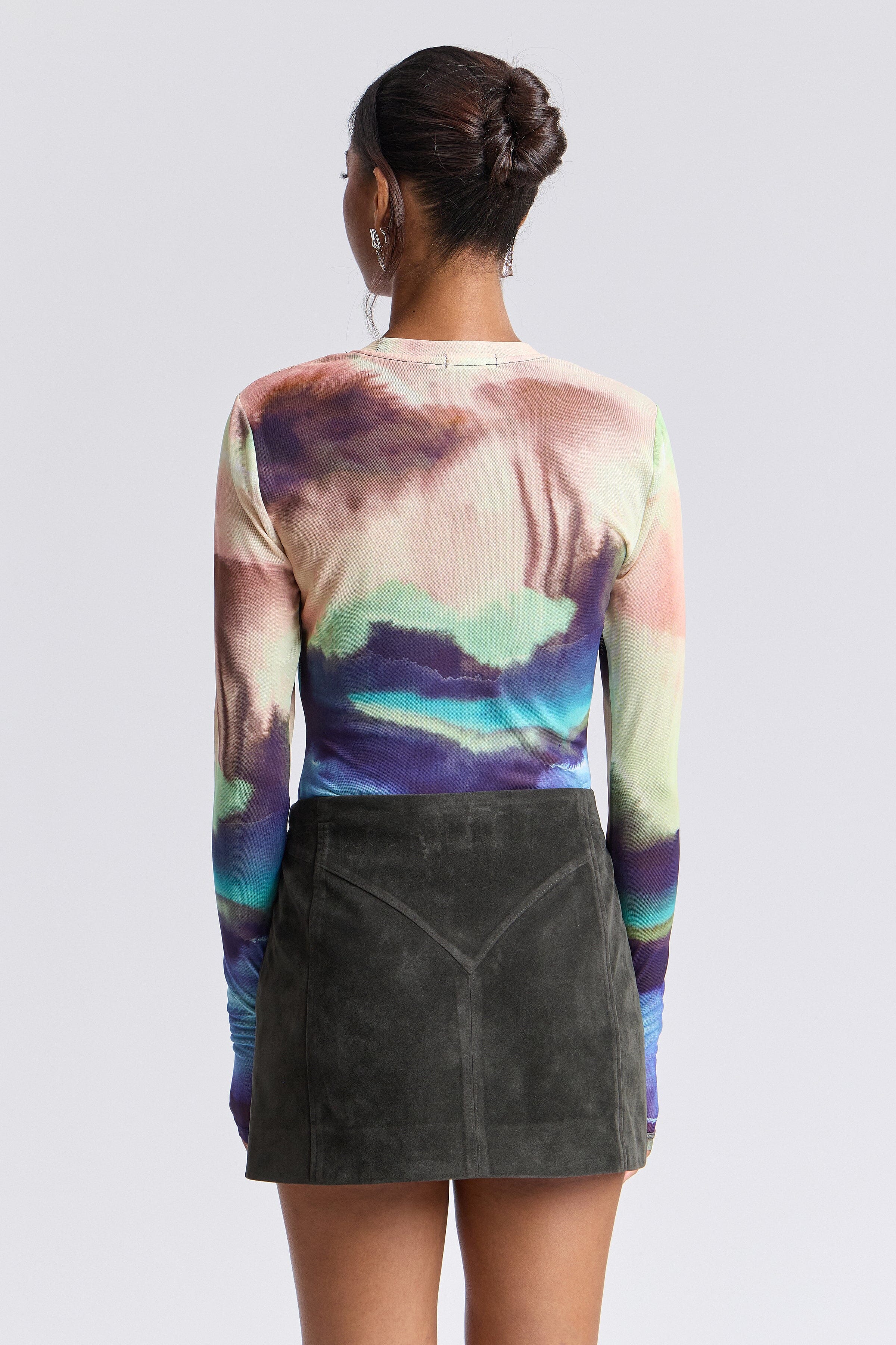 Mesh graphic top with crew neck and extra-long thumbhole sleeves - Shop women's fitted tops by Avec Les Filles.