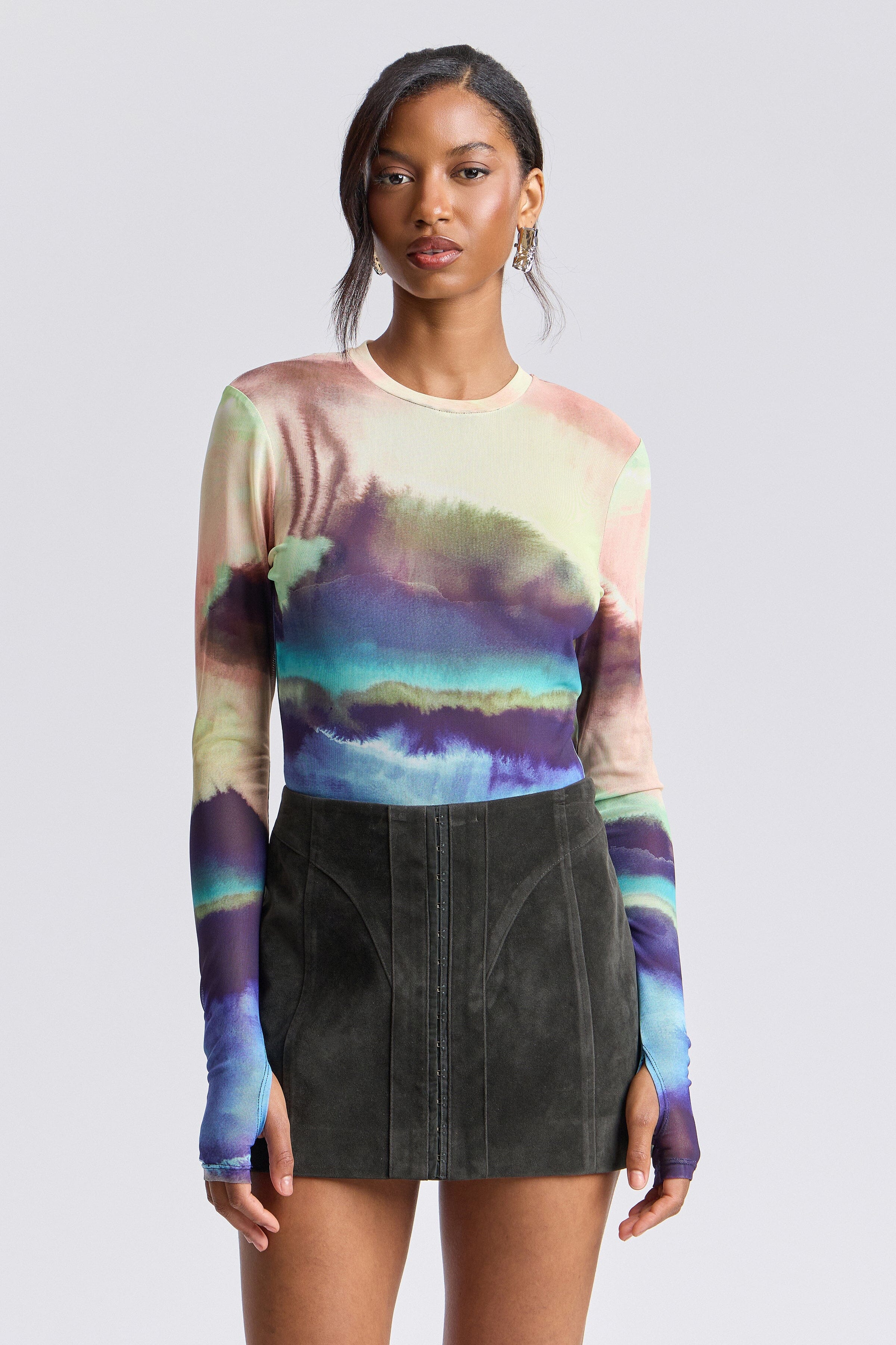 womens mesh top with crew neck and extra-long thumbhole sleeves - Shop designer fitted tops by Avec Les Filles.