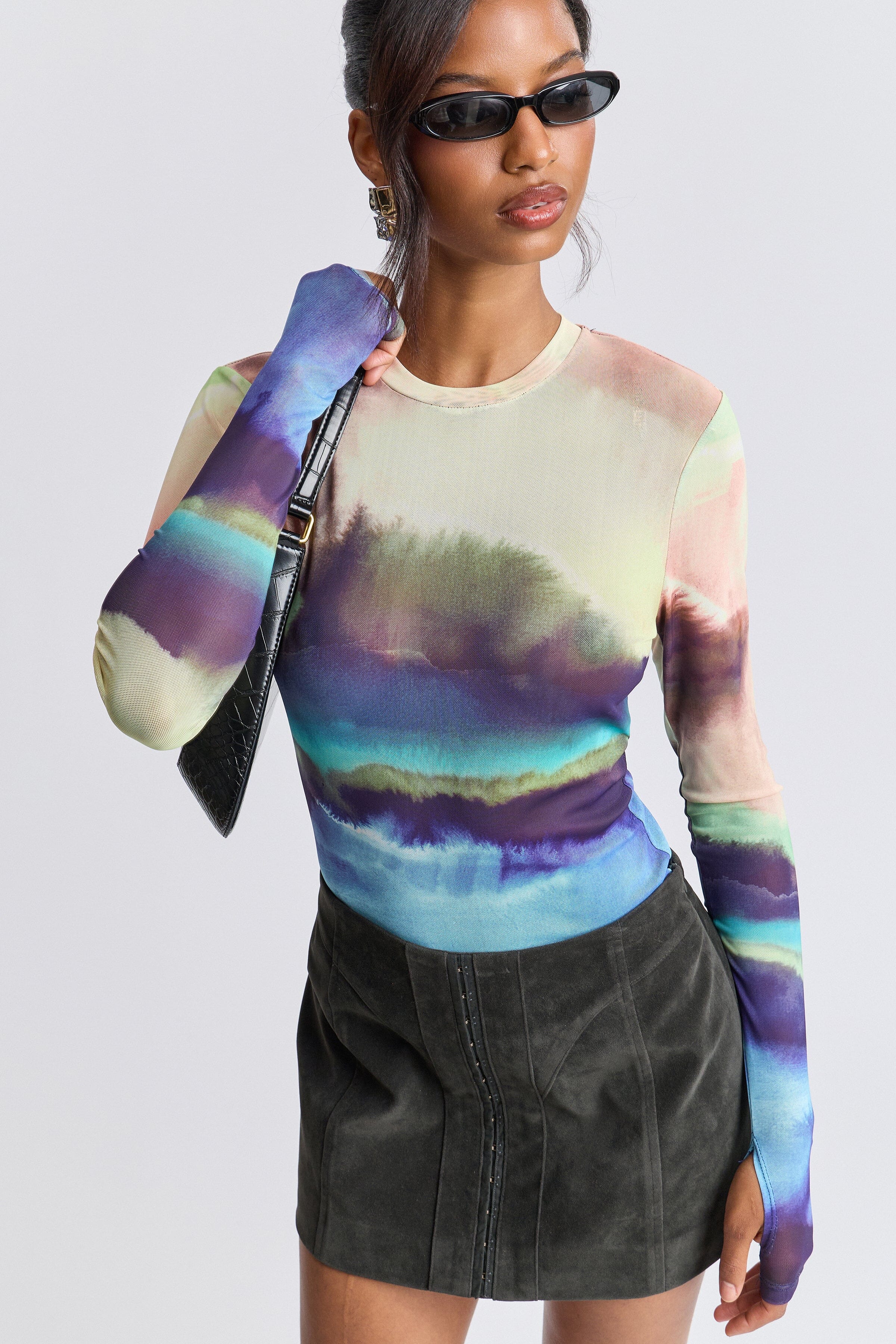 Colorful printed mesh long sleeve top with crew neck and long sleeves - Shop women's fitted tops by Avec Les Filles.