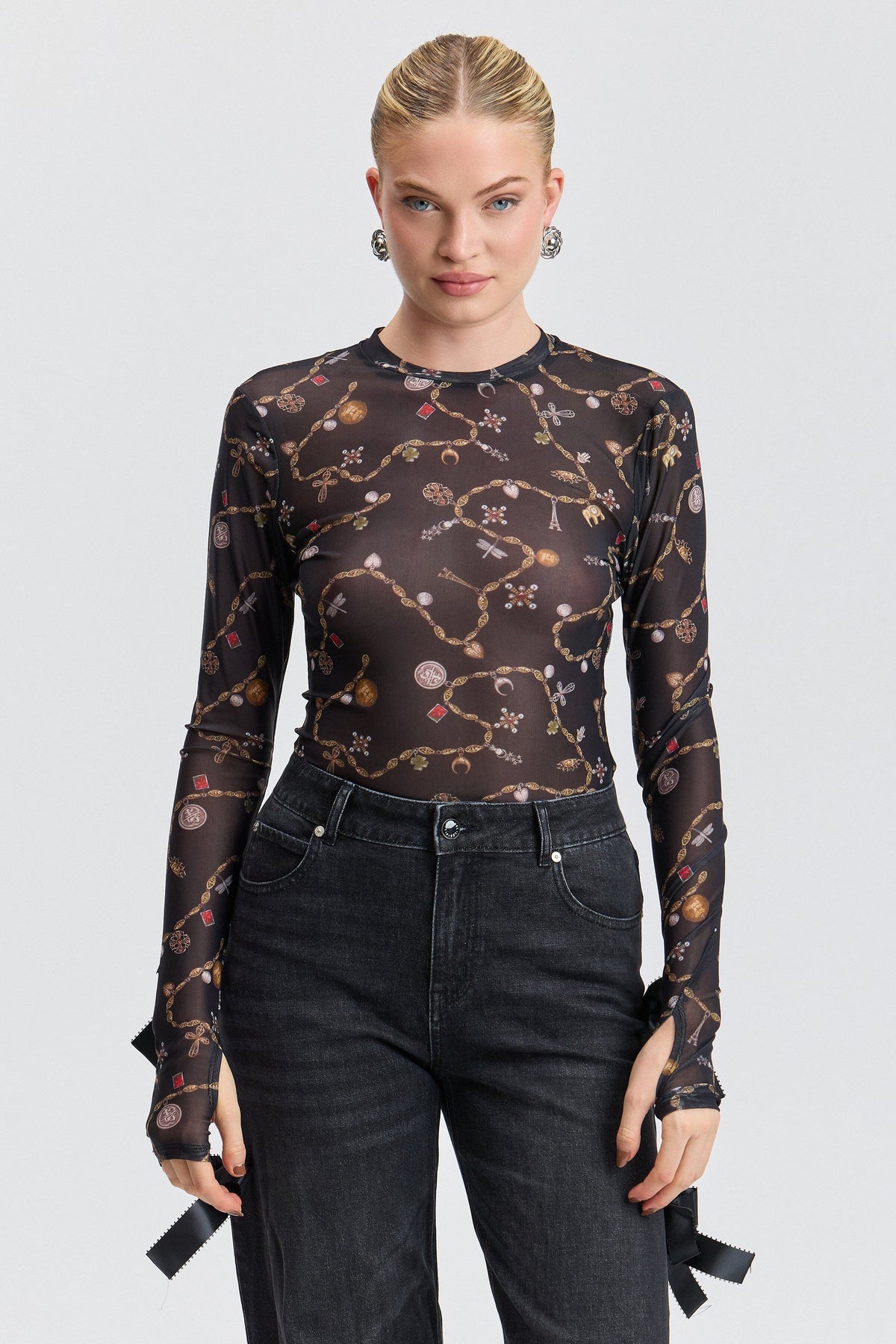 Long-sleeve printed mesh black sheer top with a round neck - Shop women's cute black tops by Avec Les Filles.