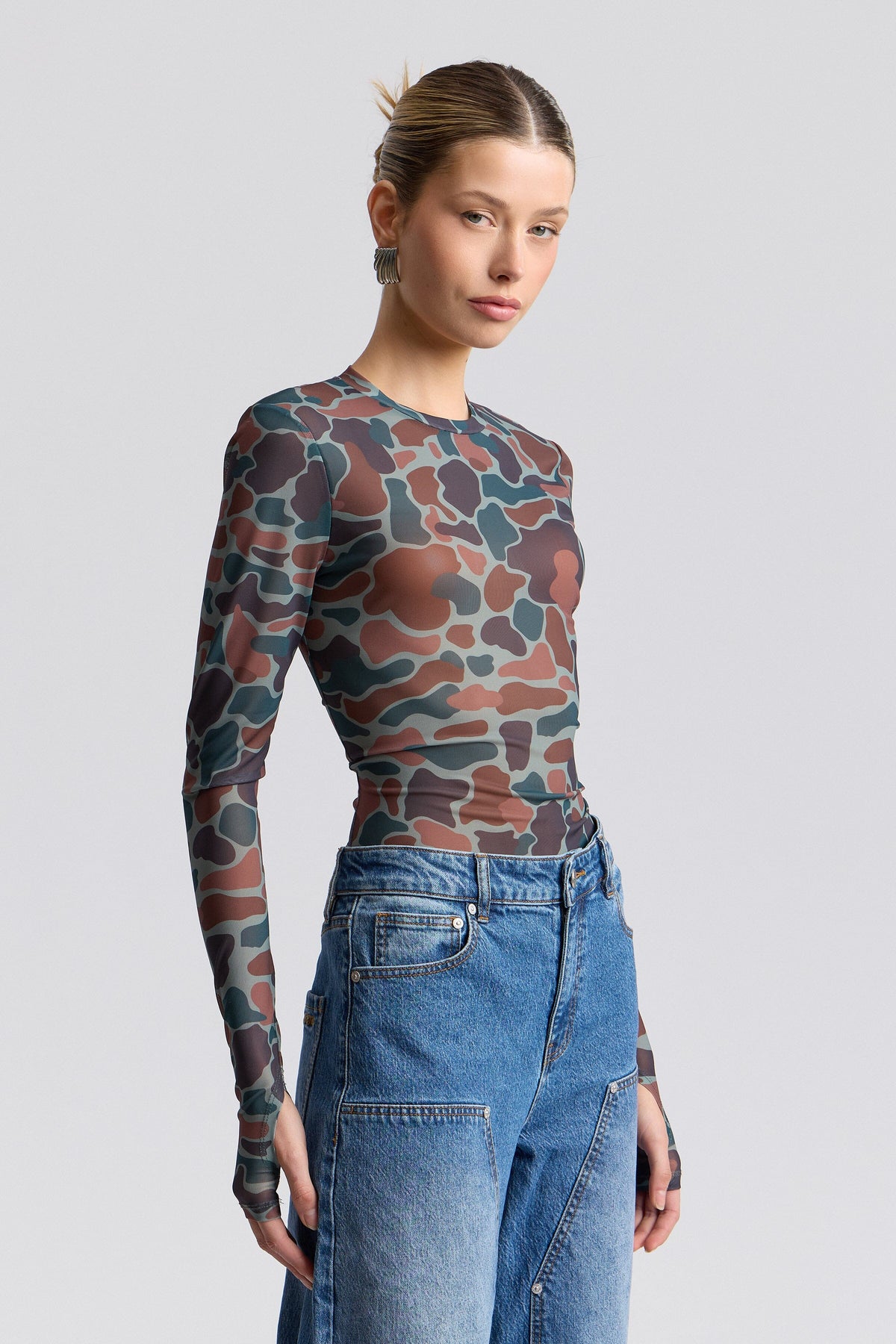 Stretch multicolor printed  long sleeve top mesh with crew neck - Shop women's mesh tops by Avec Les Filles.