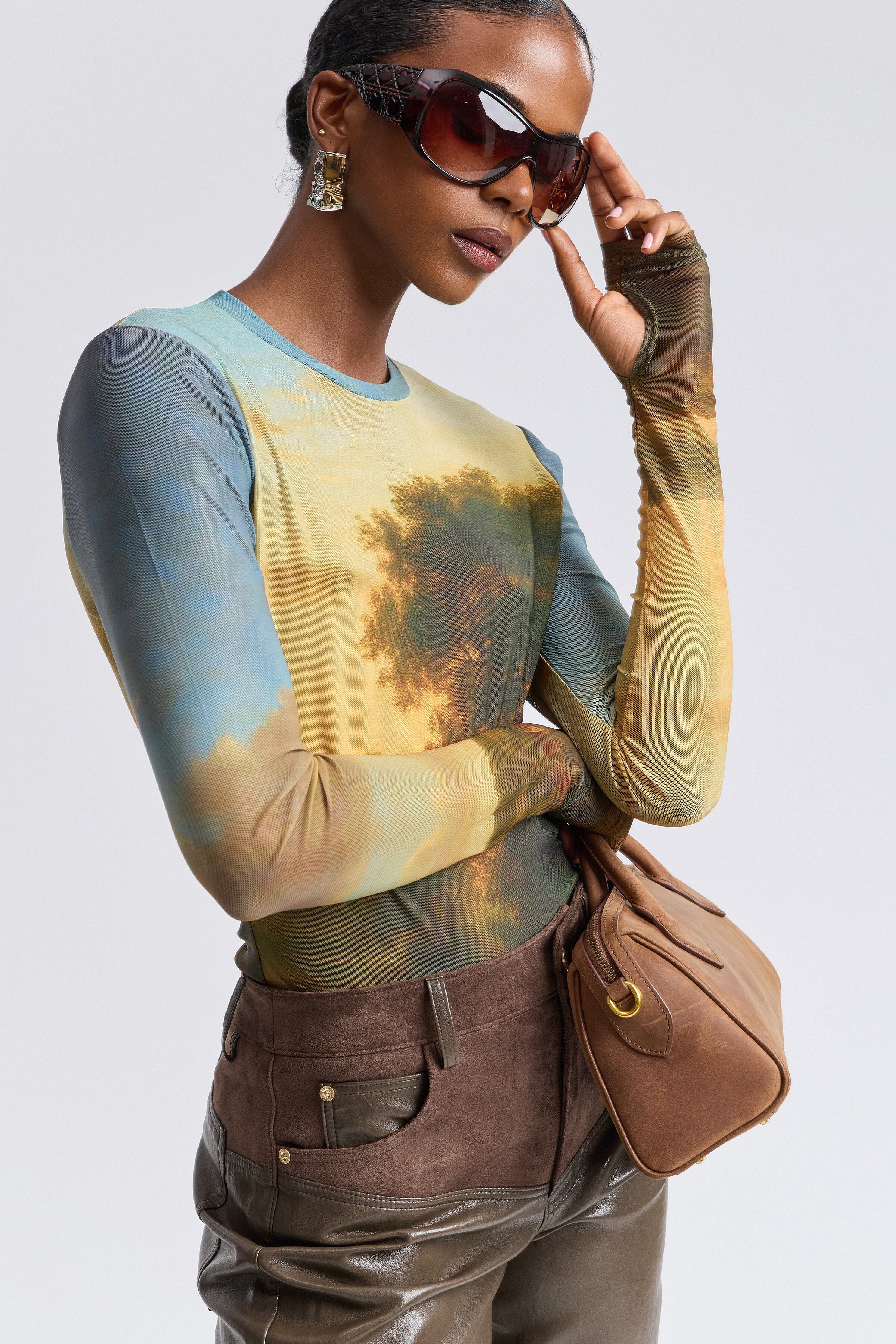 Printed colorful mesh top with long sleeves and crew neck - Shop cute fitted tops by Avec Les Filles.