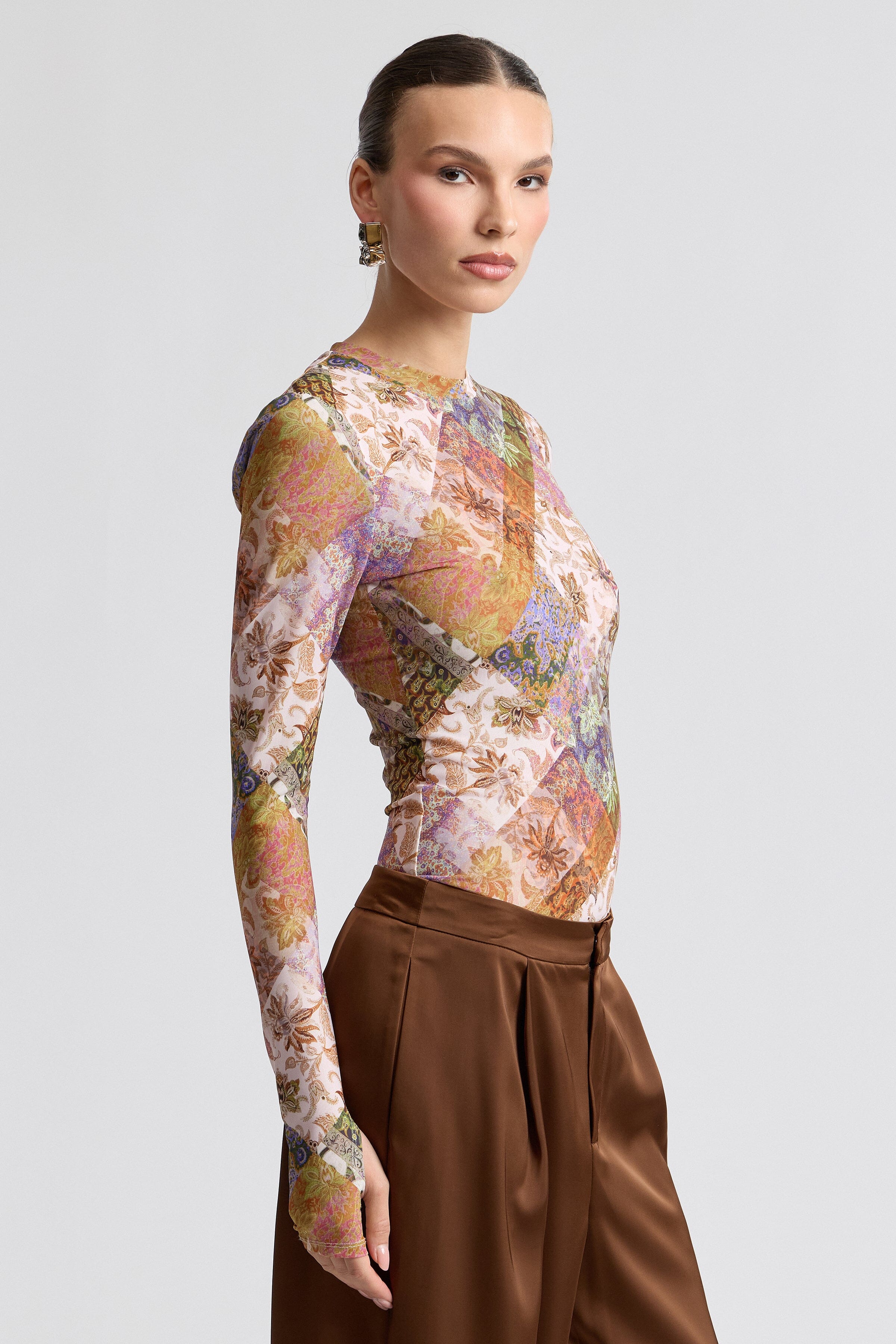 Multicolor womens fitted long sleeve shirts with thumbholes - Shop designer floral tops by Avec Les Filles.