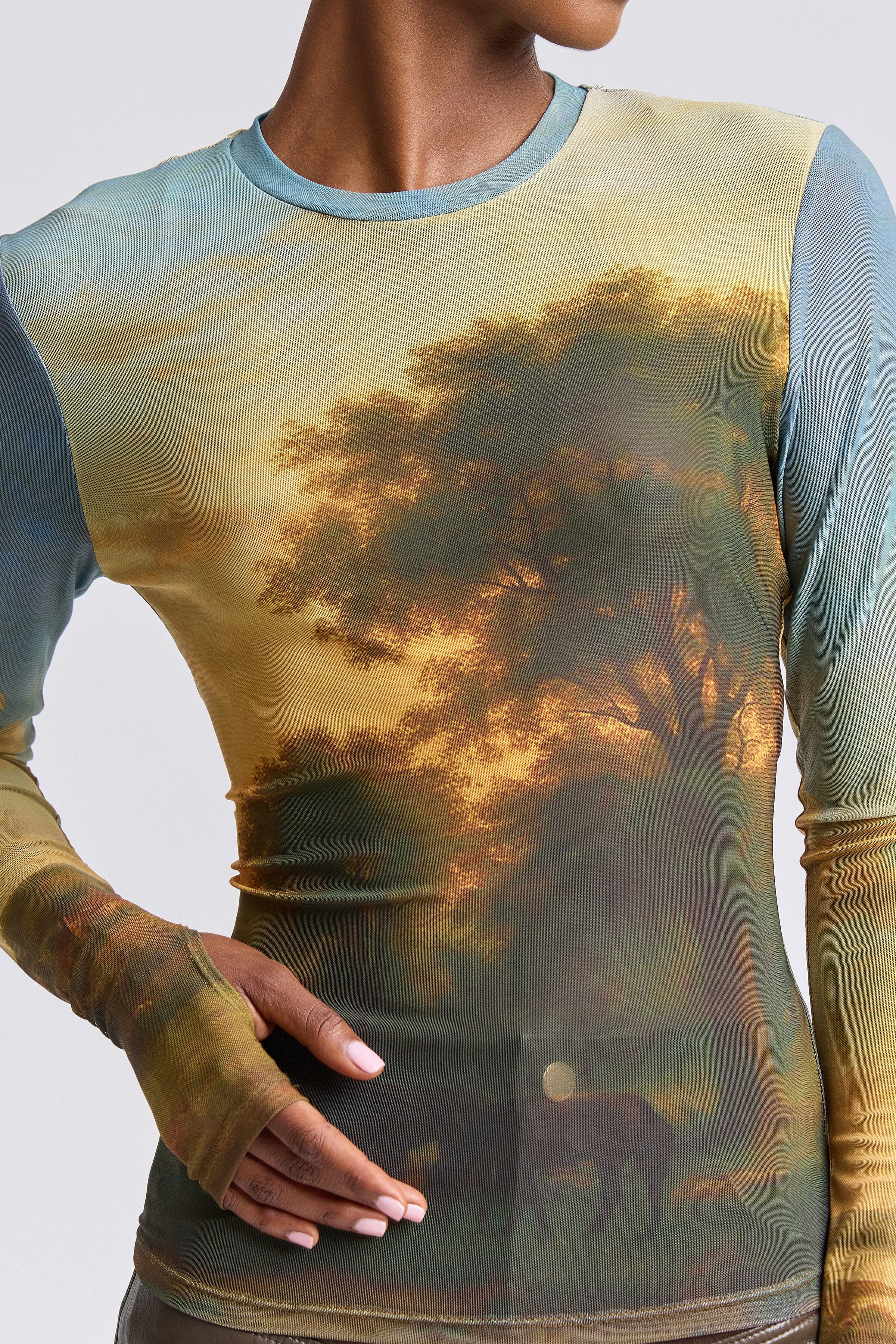 Printed colorful mesh top with crew neck - Shop womens fitted long sleeve shirts by Avec Les Filles.