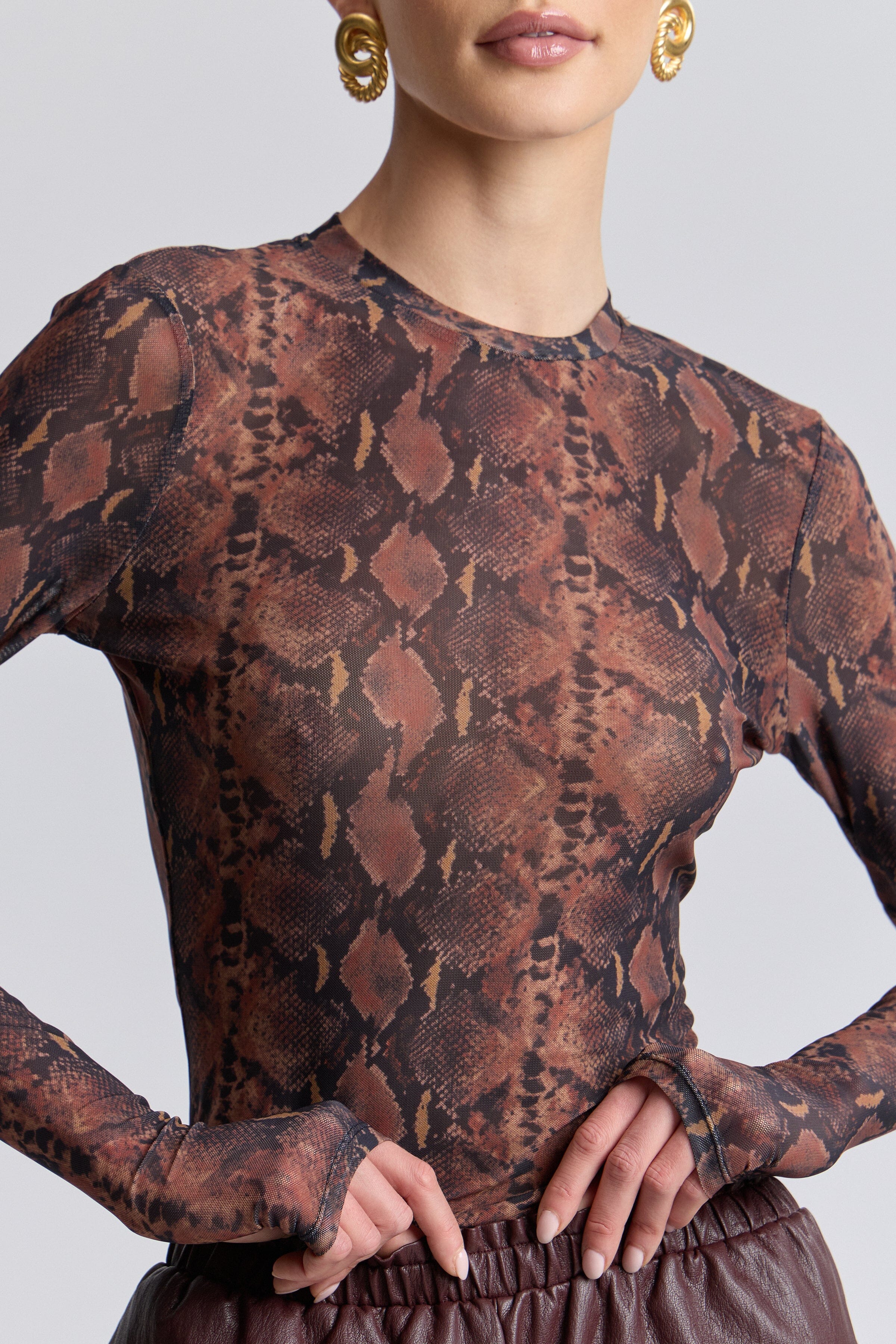 Stretch sheer mesh long sleeve top with crew neckline - Shop designer women's cute printed tops by Avec Les Filles.