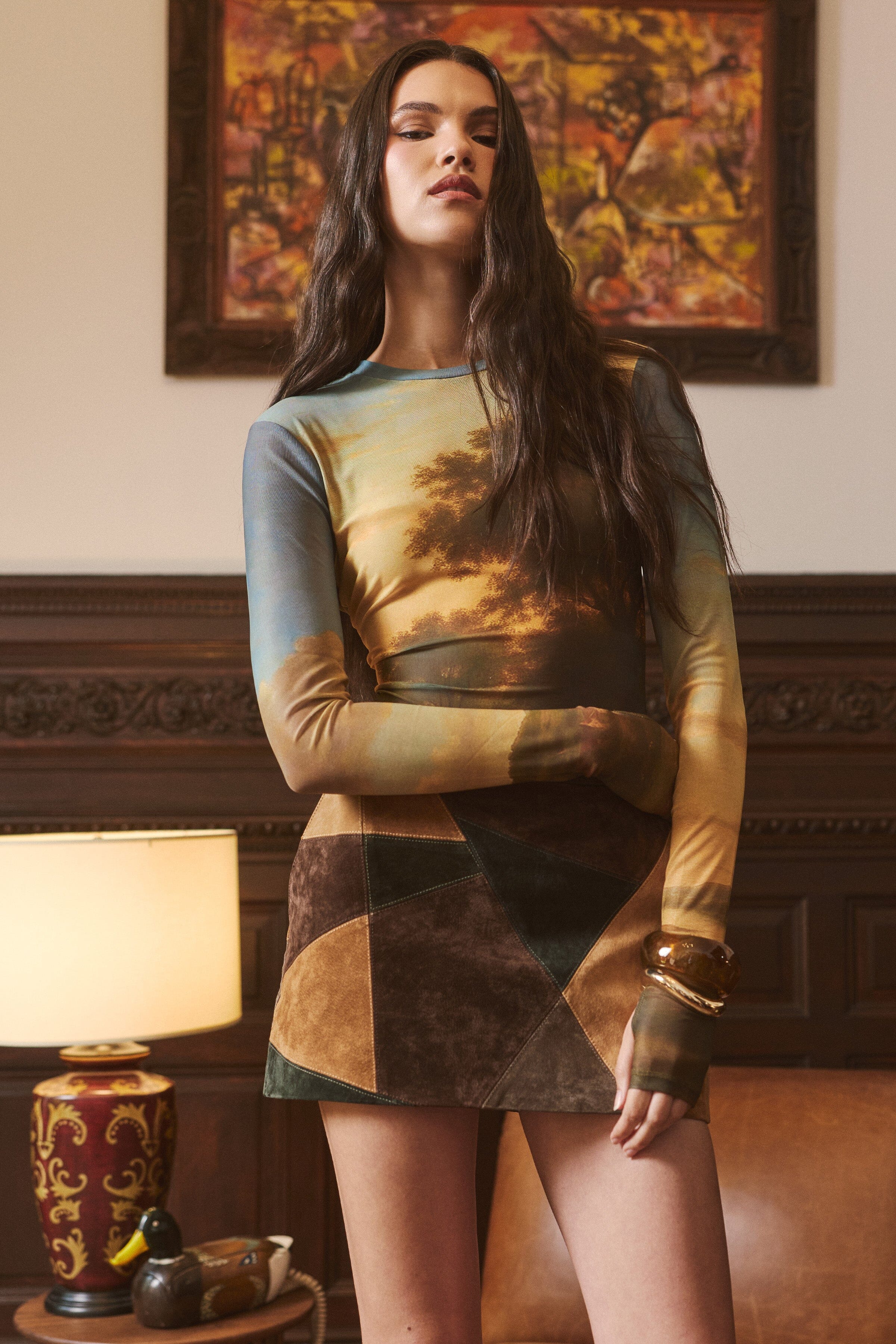 Printed womens mesh tops with suede short skirt - Shop women's cute fitted tops & skirts by Avec Les Filles.