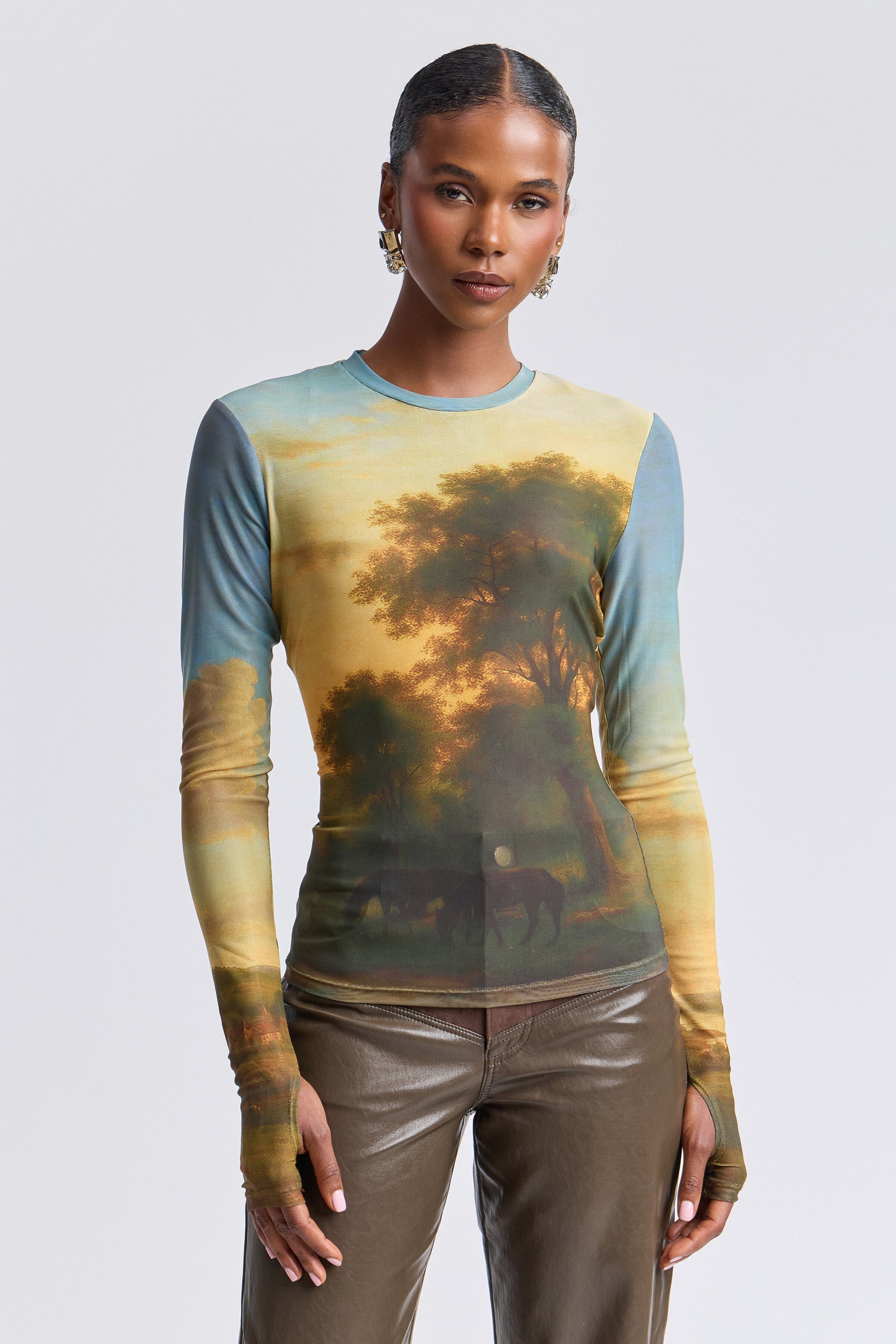 Printed mesh top with crew neck and long thumbhole sleeves - Shop women's fitted tops by Avec Les Filles.