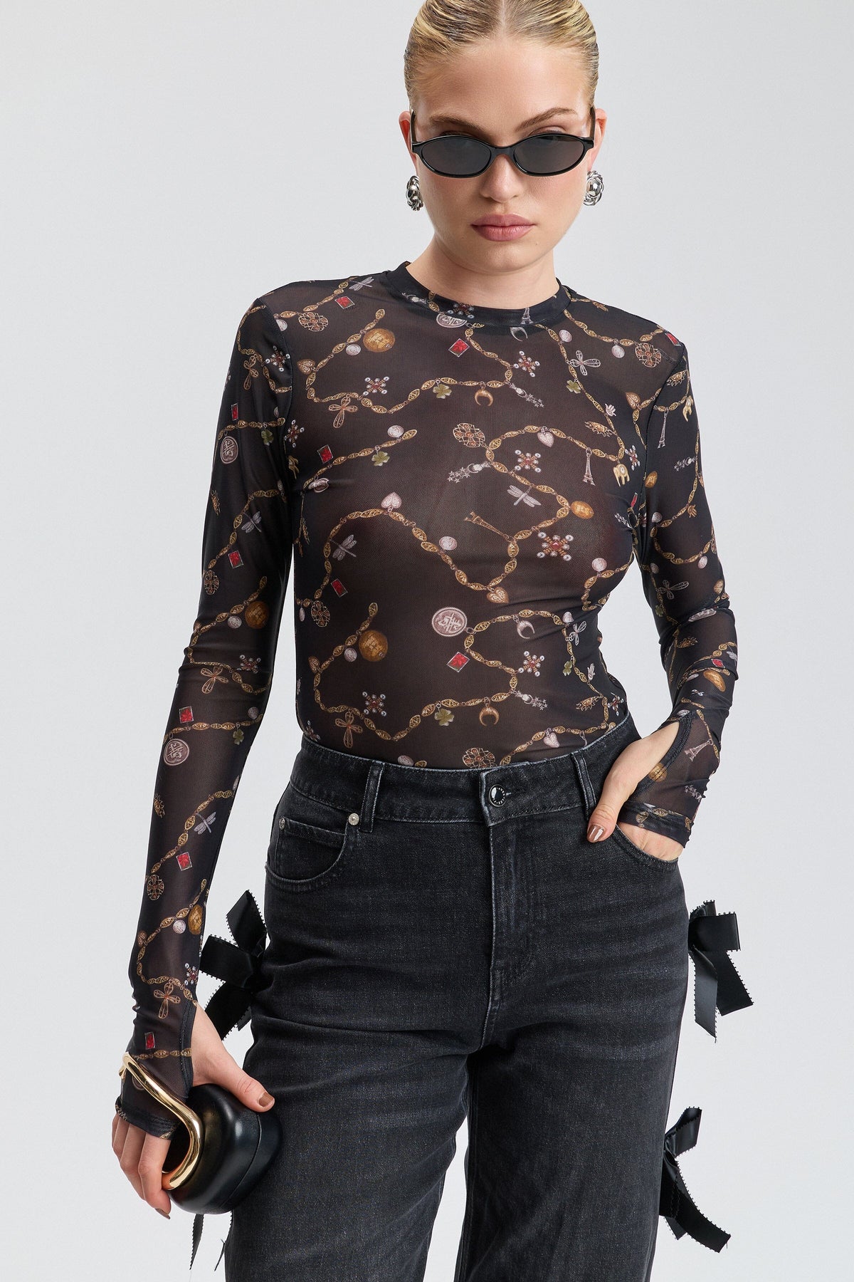 Long-sleeve printed mesh black sheer top with a round neck - Shop women's cute black tops by Avec Les Filles.