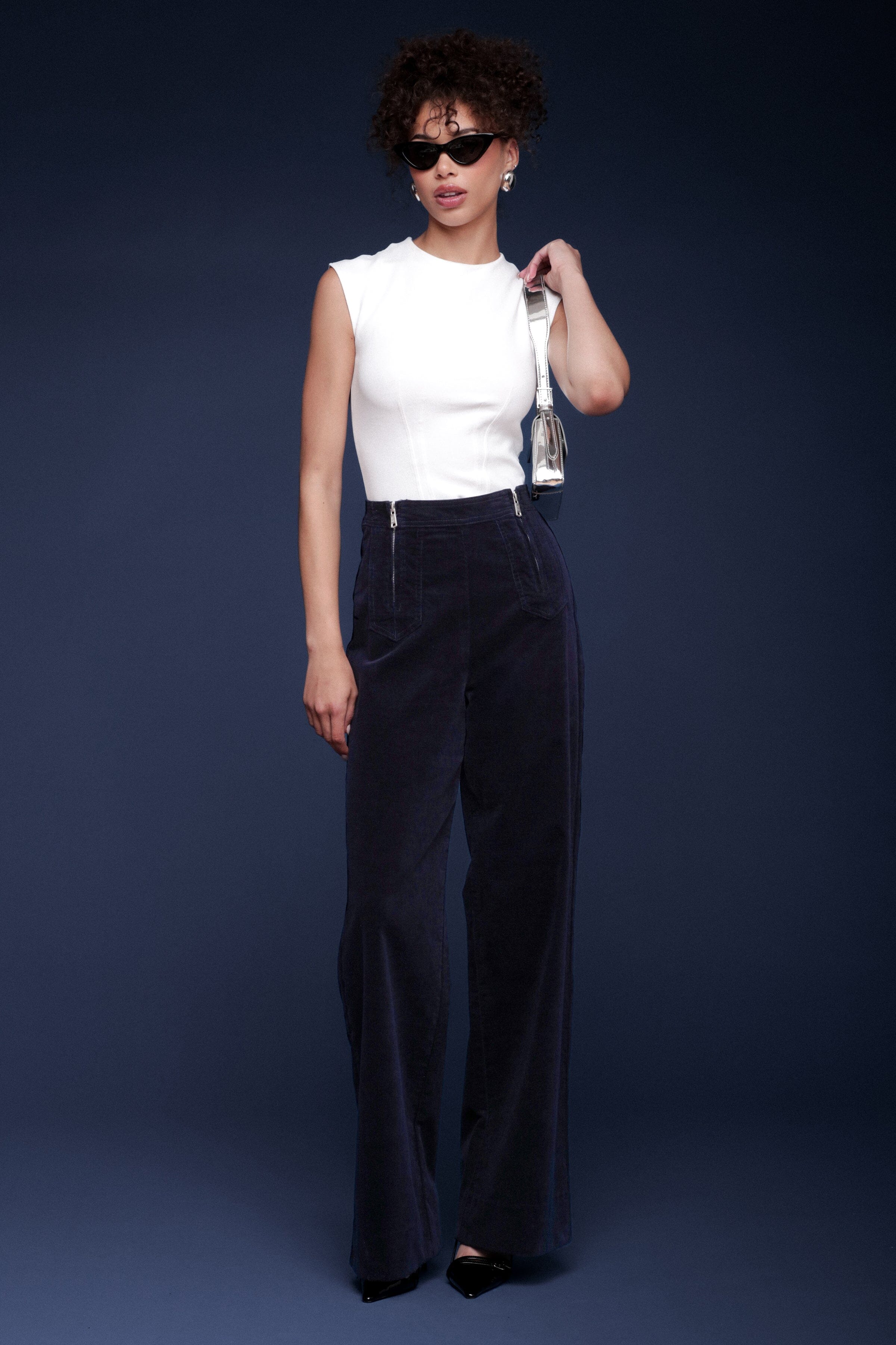 Double Zip Wide Leg Navy Corduroy Pant
