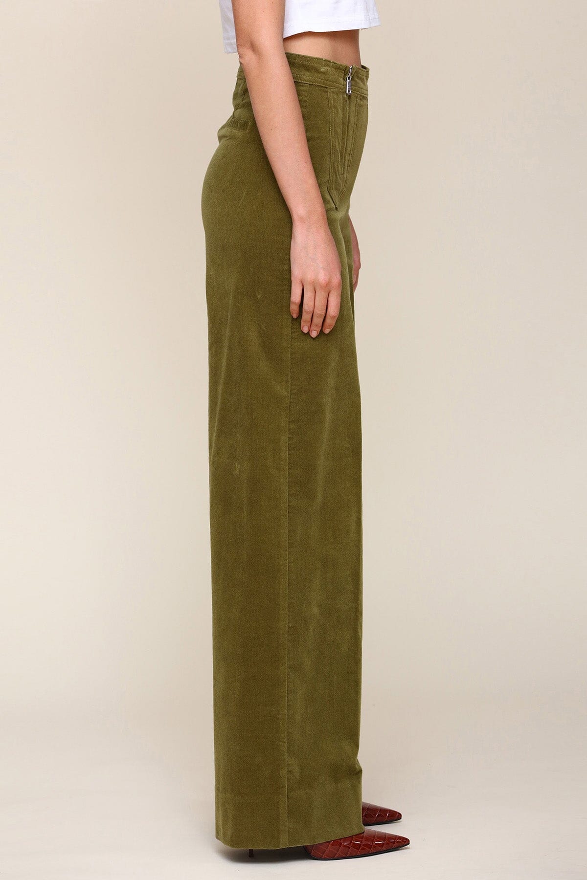 Corduroy Double Zip Olive Green Wide Leg Pants