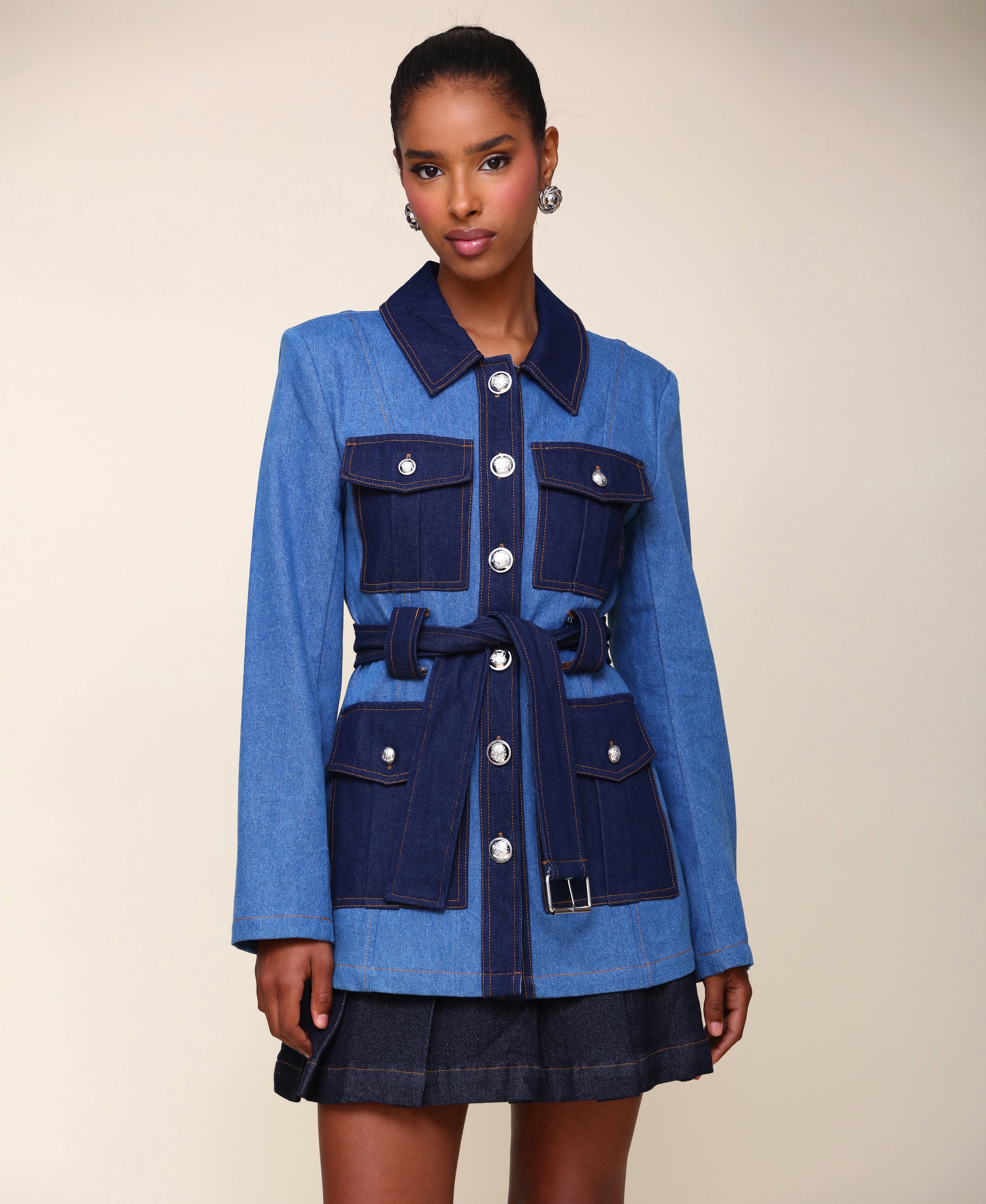 HB-83905 Two-Tone Denim Belted Military Jacket Coats & Jackets Avec Les Filles 