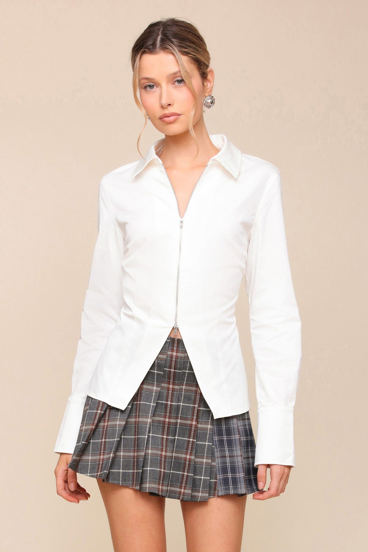 Zip-Front Cotton Poplin Shirt Tops Avec Les Filles White XS 