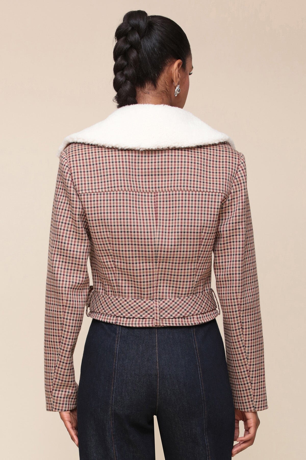 Faux Shearling Collared Plaid Aviator beige burgundy plaid jacket - Women's cute designer coats & jackets by Avec Les Filles