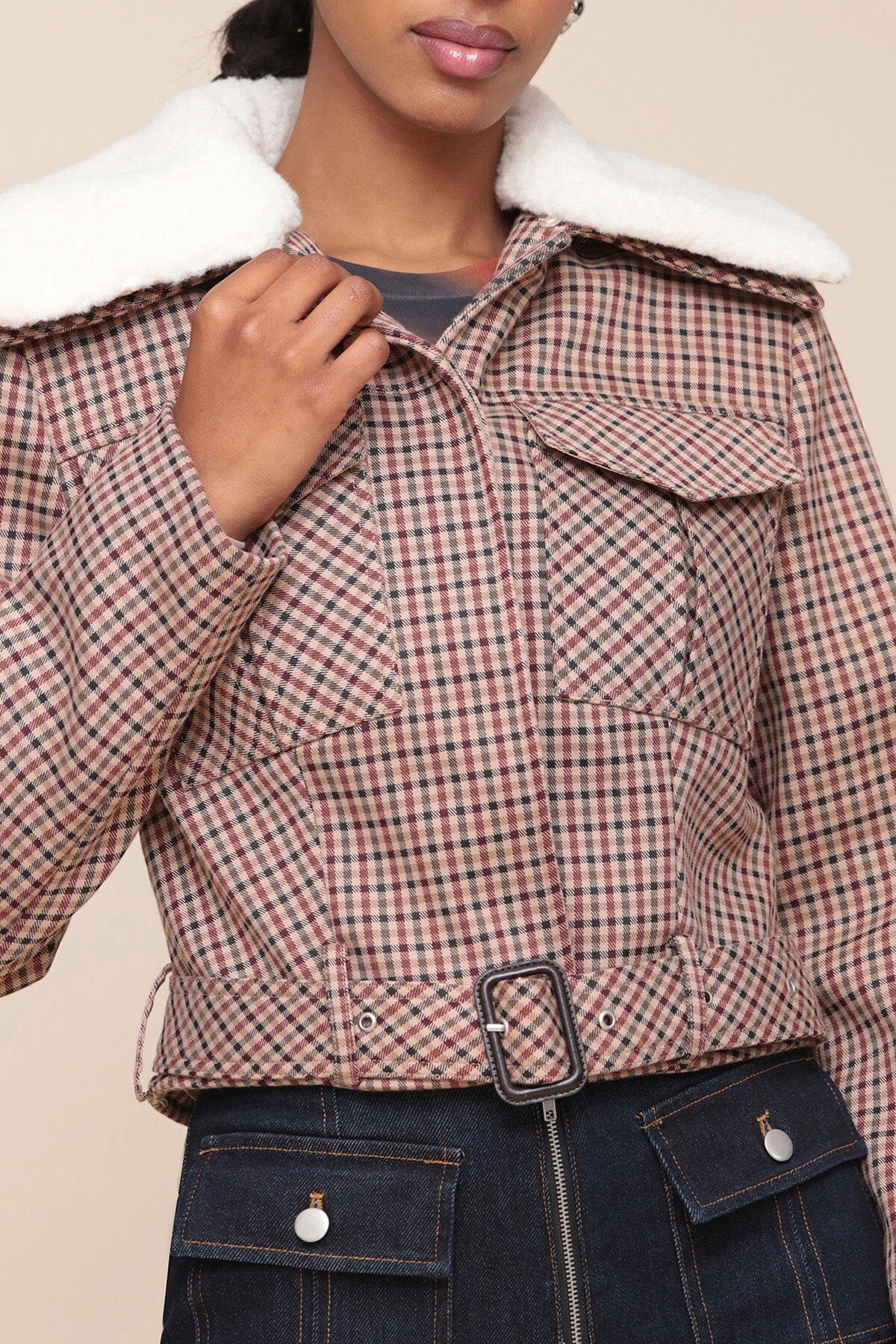 Faux Shearling Collared Plaid Aviator beige burgundy plaid jacket - Women's cute designer coats & jackets by Avec Les Filles