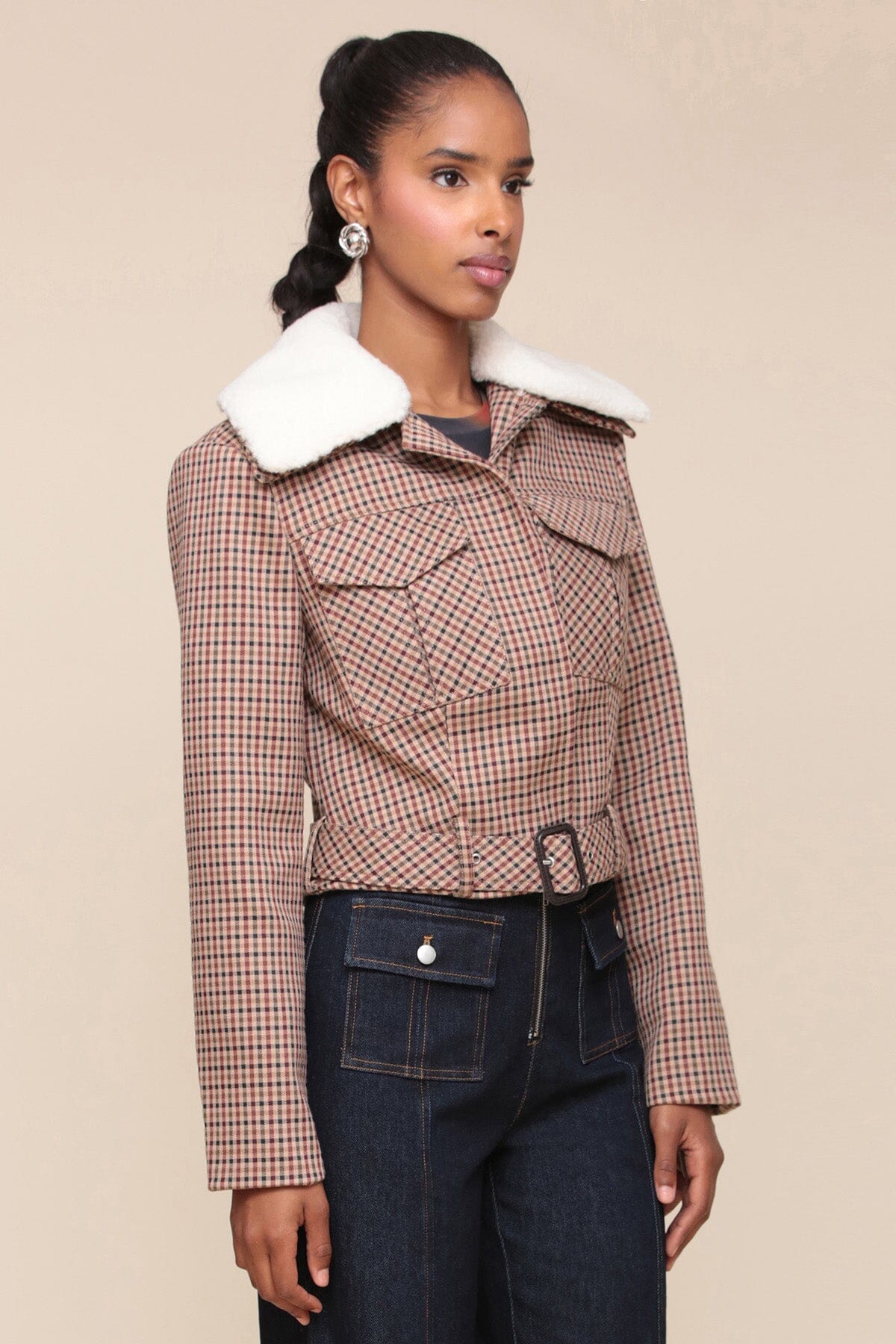 Faux Shearling Collared Plaid Aviator beige burgundy plaid jacket - Women's cute designer coats & jackets by Avec Les Filles