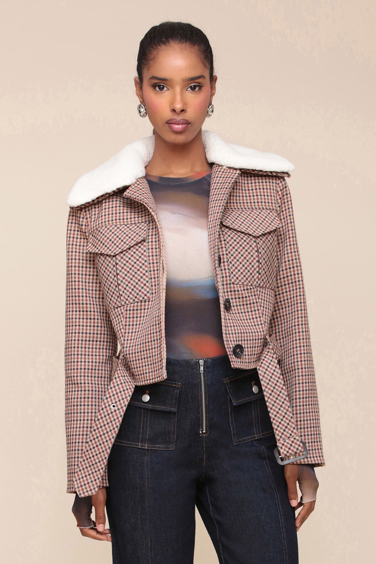 Faux Shearling Collared Plaid Aviator beige burgundy plaid jacket - Women's cute designer coats & jackets by Avec Les Filles