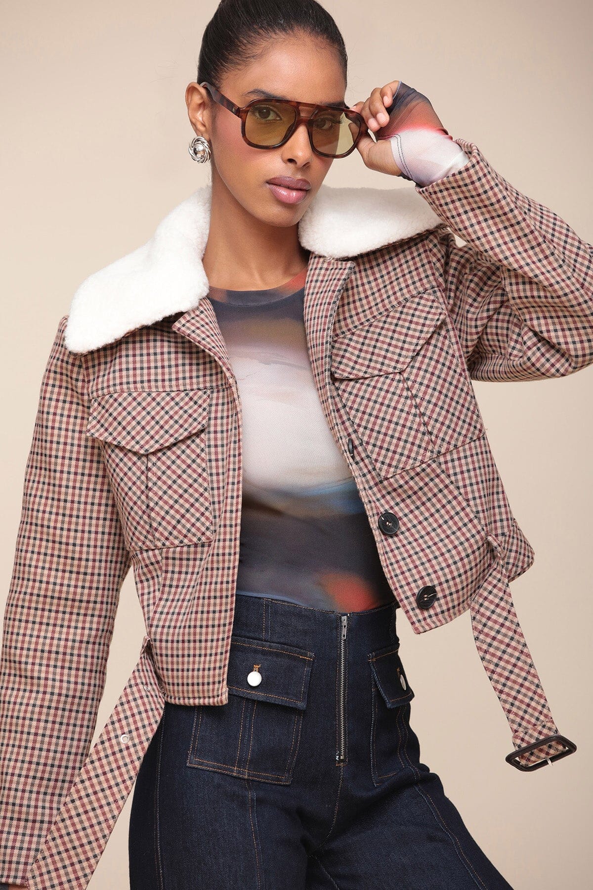 Faux Shearling Collared Plaid Aviator beige burgundy plaid jacket - Women's cute designer coats & jackets by Avec Les Filles