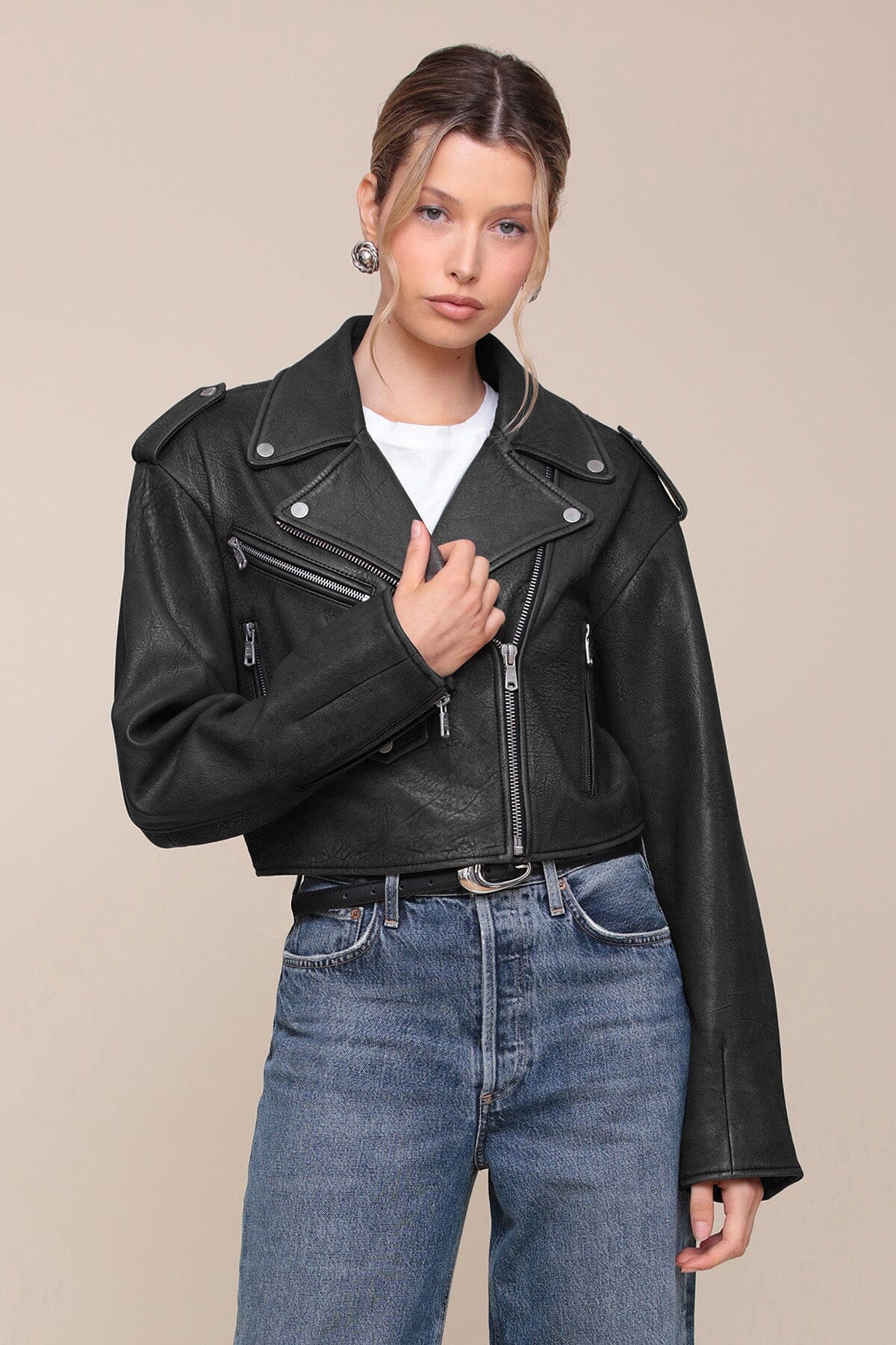 Cropped Genuine Leather Biker Jacket Coats & Jackets Avec Les Filles 