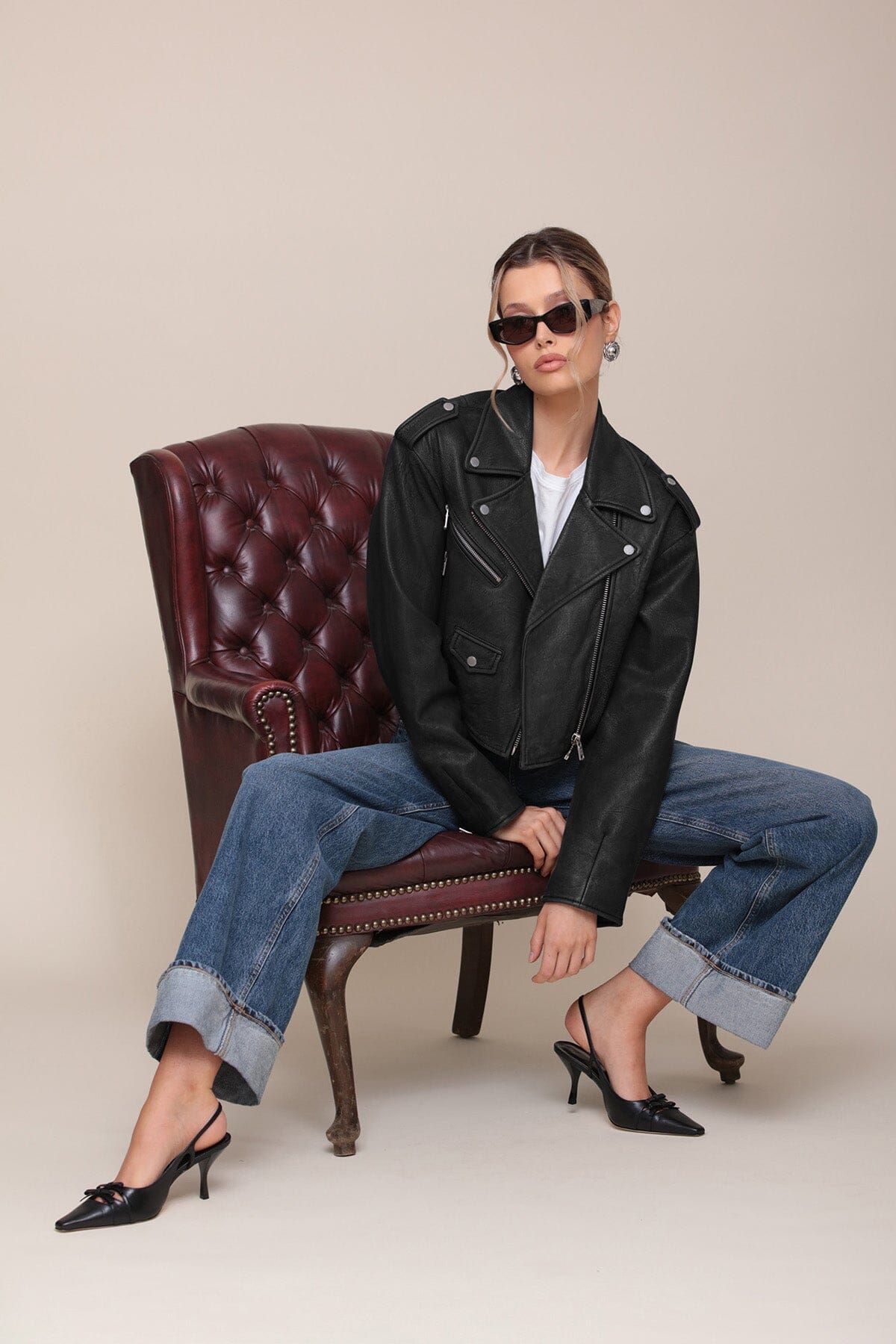 Cropped Genuine Leather Biker Jacket Coats & Jackets Avec Les Filles 