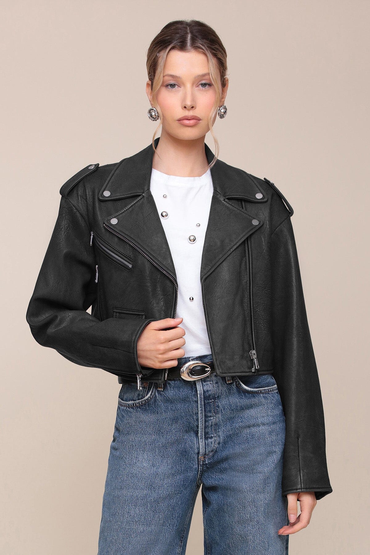 Cropped Genuine Leather Biker Jacket Coats & Jackets Avec Les Filles 