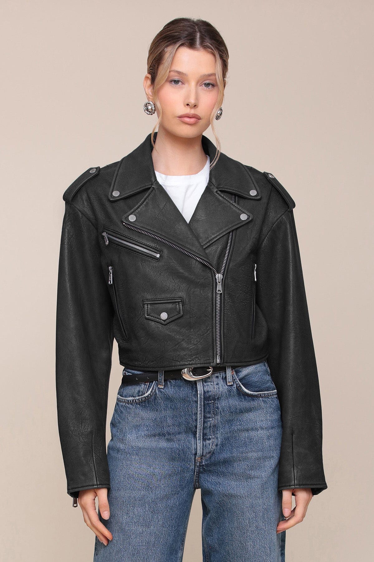 Cropped Genuine Leather Biker Jacket Coats & Jackets Avec Les Filles Black XS 