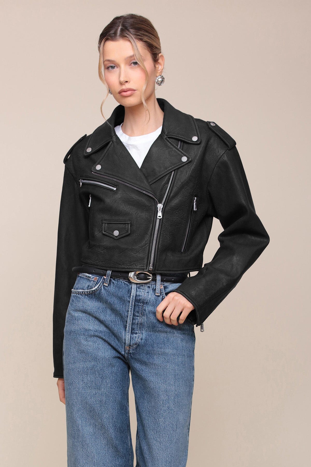 Cropped Genuine Leather Biker Jacket Coats & Jackets Avec Les Filles 