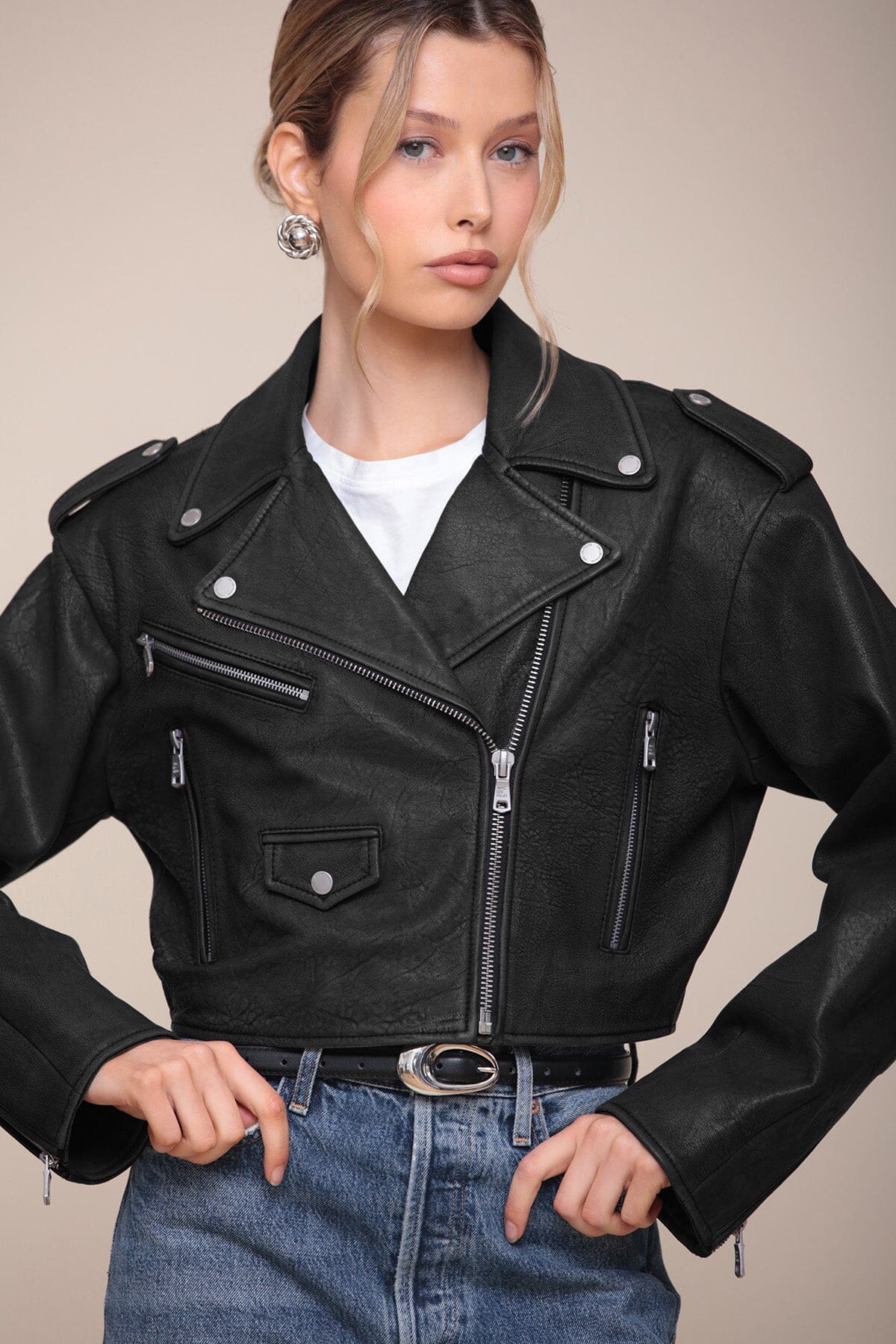 Cropped Genuine Leather Biker Jacket Coats & Jackets Avec Les Filles 