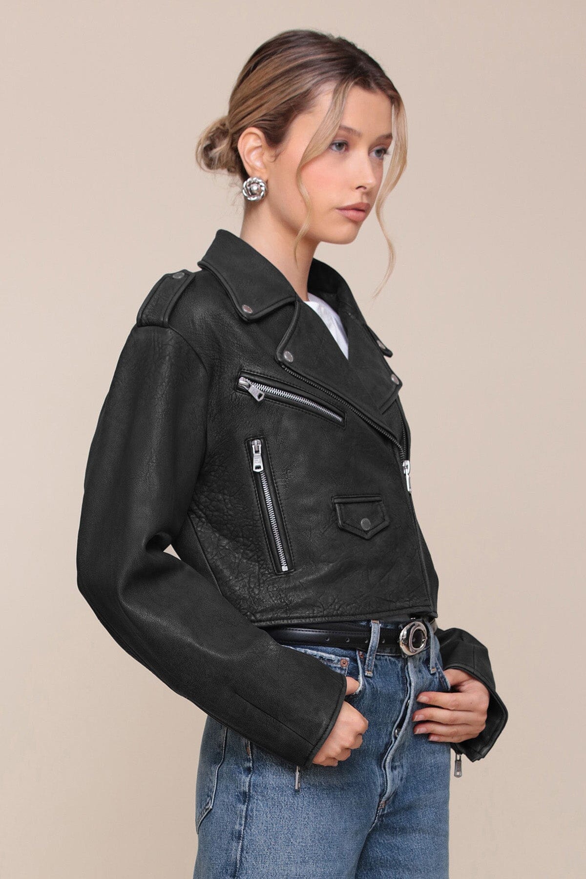 Cropped Genuine Leather Biker Jacket Coats & Jackets Avec Les Filles 