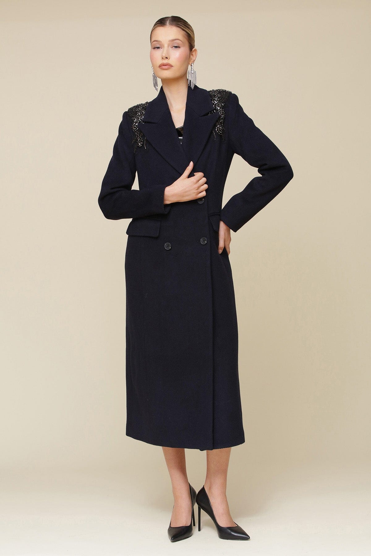 Embellished Shoulder Wool Blend Tailored Coat Coats & Jackets Avec Les Filles Dark Navy XS 