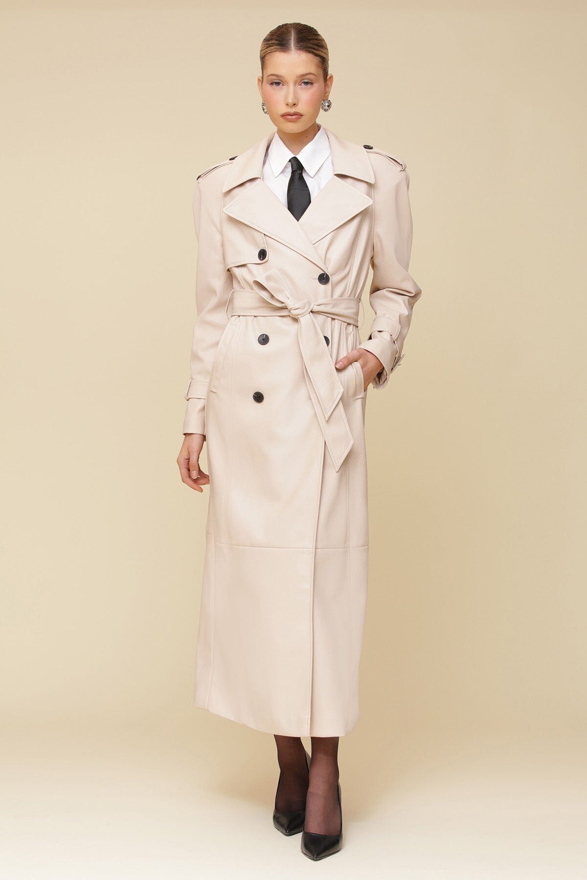 Birch Beige Faux Leather Strong Shoulder Maxi Long Trench Coat with detachable waist tie belt - Cute women's long coats by Avec Les Filles