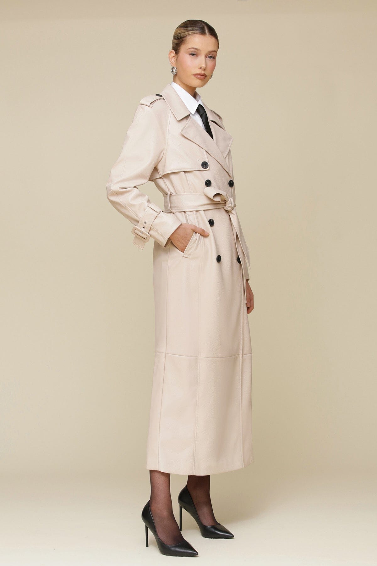 Birch Beige Faux Leather Strong Shoulder Maxi Long Trench Coat with detachable waist tie belt - Cute women's long coats by Avec Les Filles