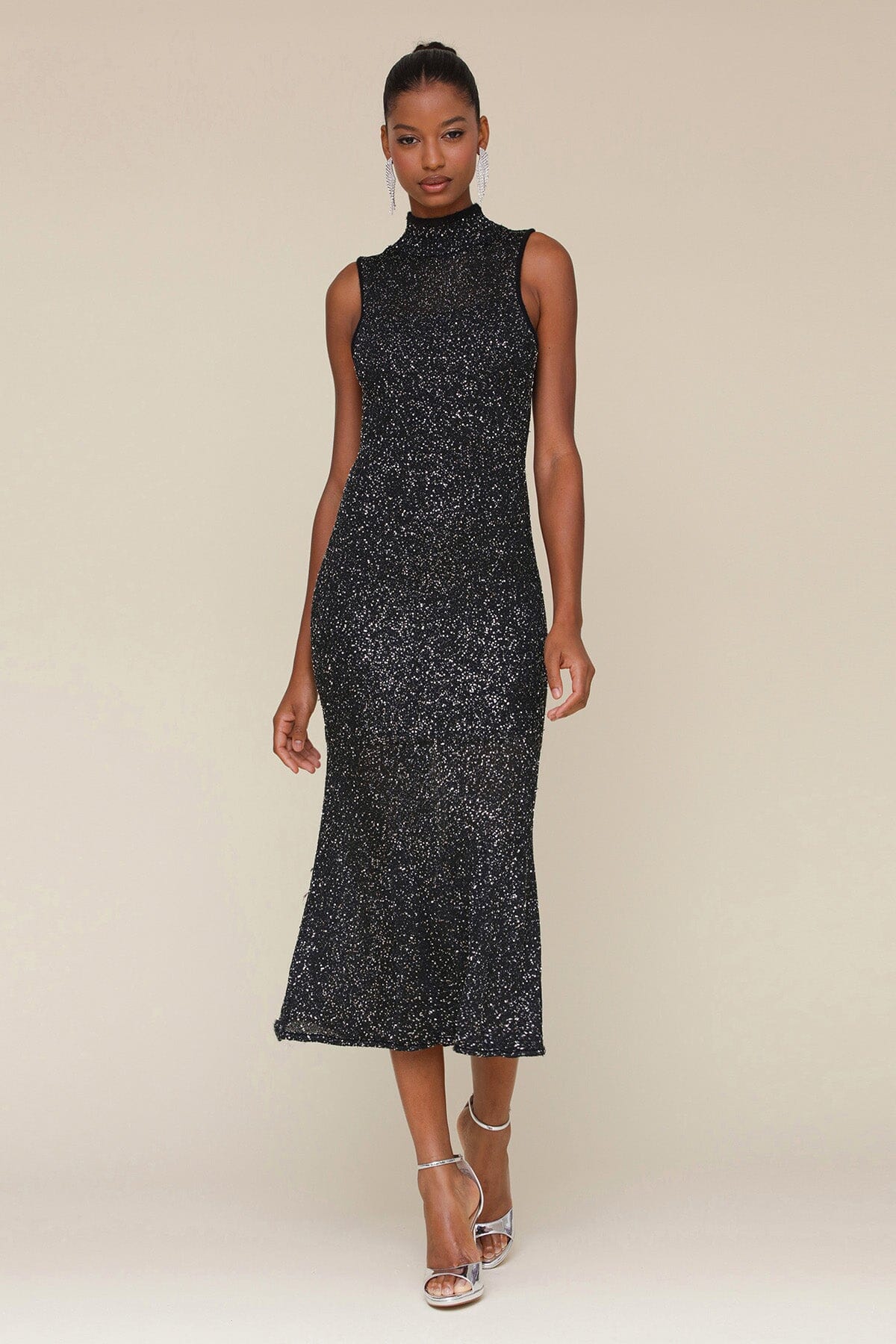 Black Silver Sequin Knit Sleeveless Bodycon Midi Dress - Cute women's dresses by Avec Les Filles. Perfect for the cocktail and holidays