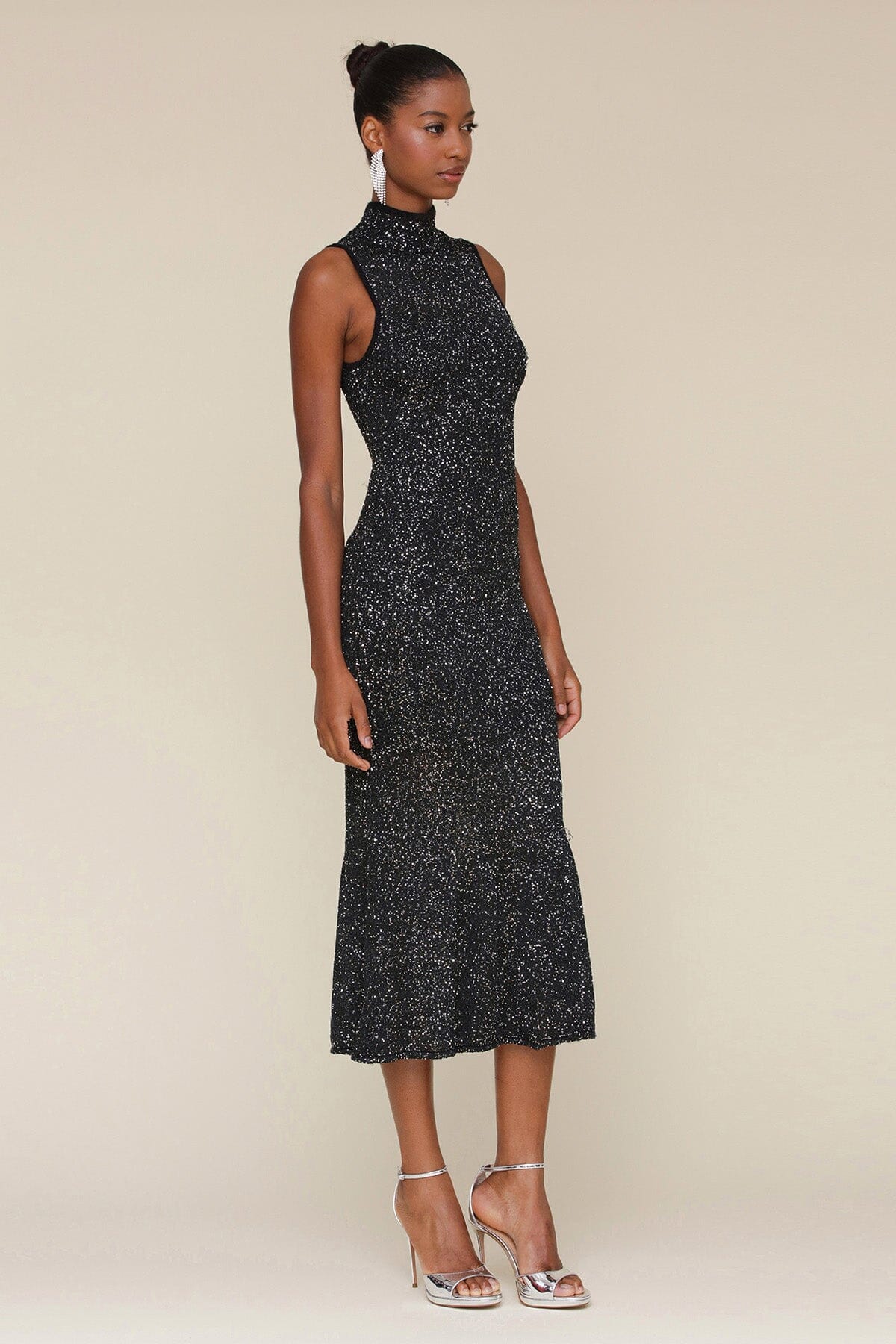 Black Silver Sequin Knit Sleeveless Bodycon Midi Dress - Cute women's dresses by Avec Les Filles. Perfect for the cocktail and holidays