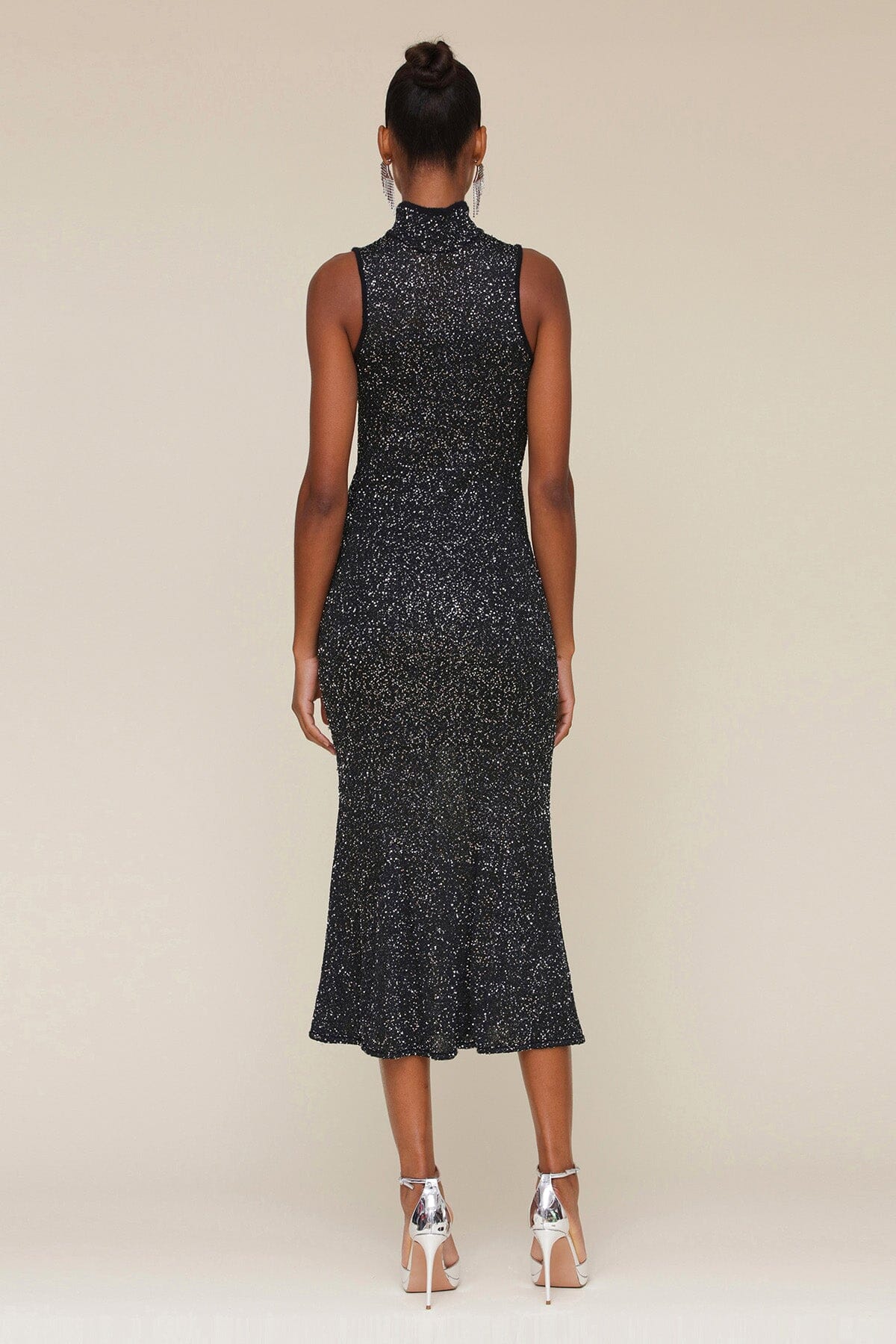 Black Silver Sequin Knit Sleeveless Bodycon Midi Dress - Cute women's dresses by Avec Les Filles. Perfect for the cocktail and holidays