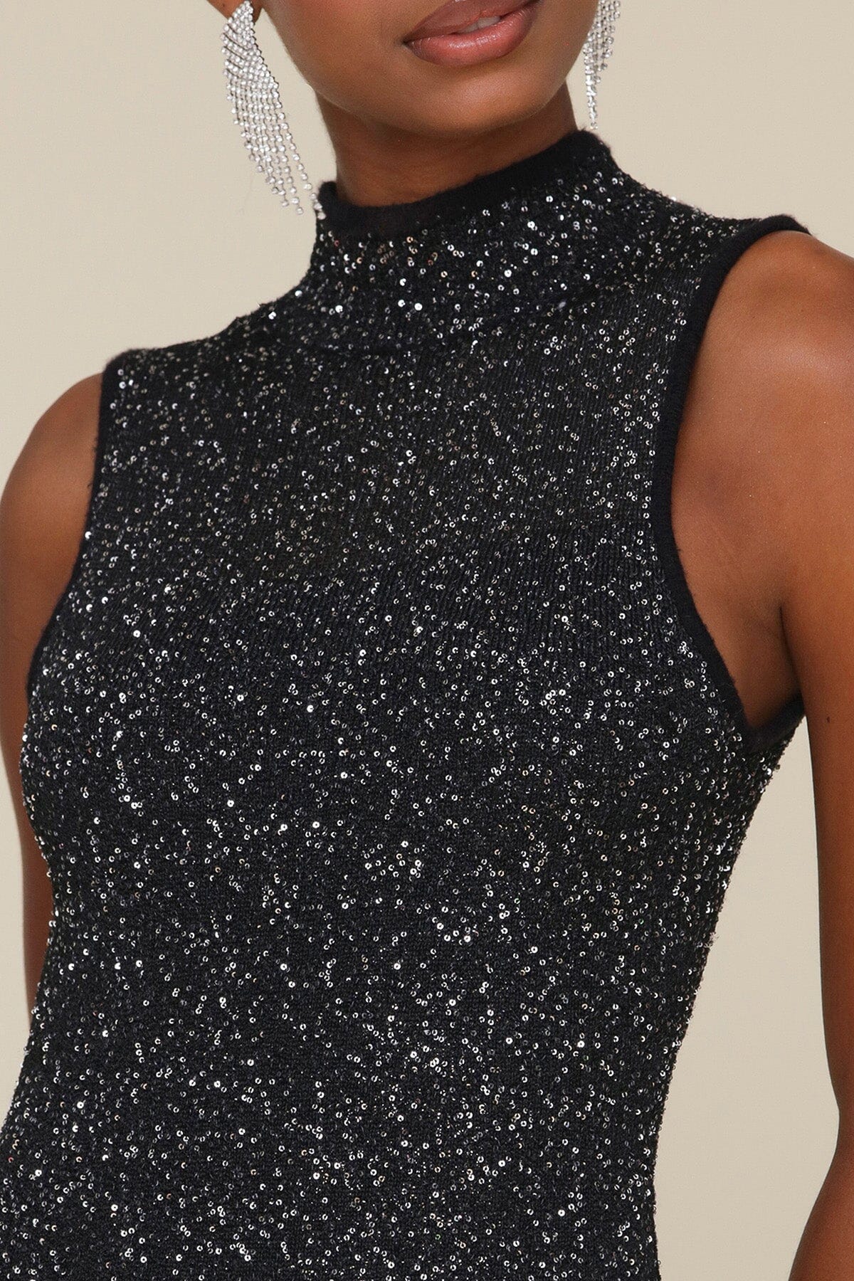 Black Silver Sequin Knit Sleeveless Bodycon Midi Dress - Cute women's dresses by Avec Les Filles. Perfect for the cocktail and holidays