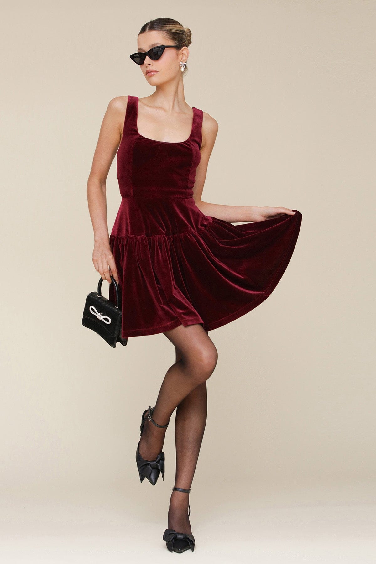 Burgundy Wine Velvet Fit & Flare Mini Dress with square neck and wide straps - Cute women's mini dresses by Avec Les Filles. Perfect for the cocktail and holidays