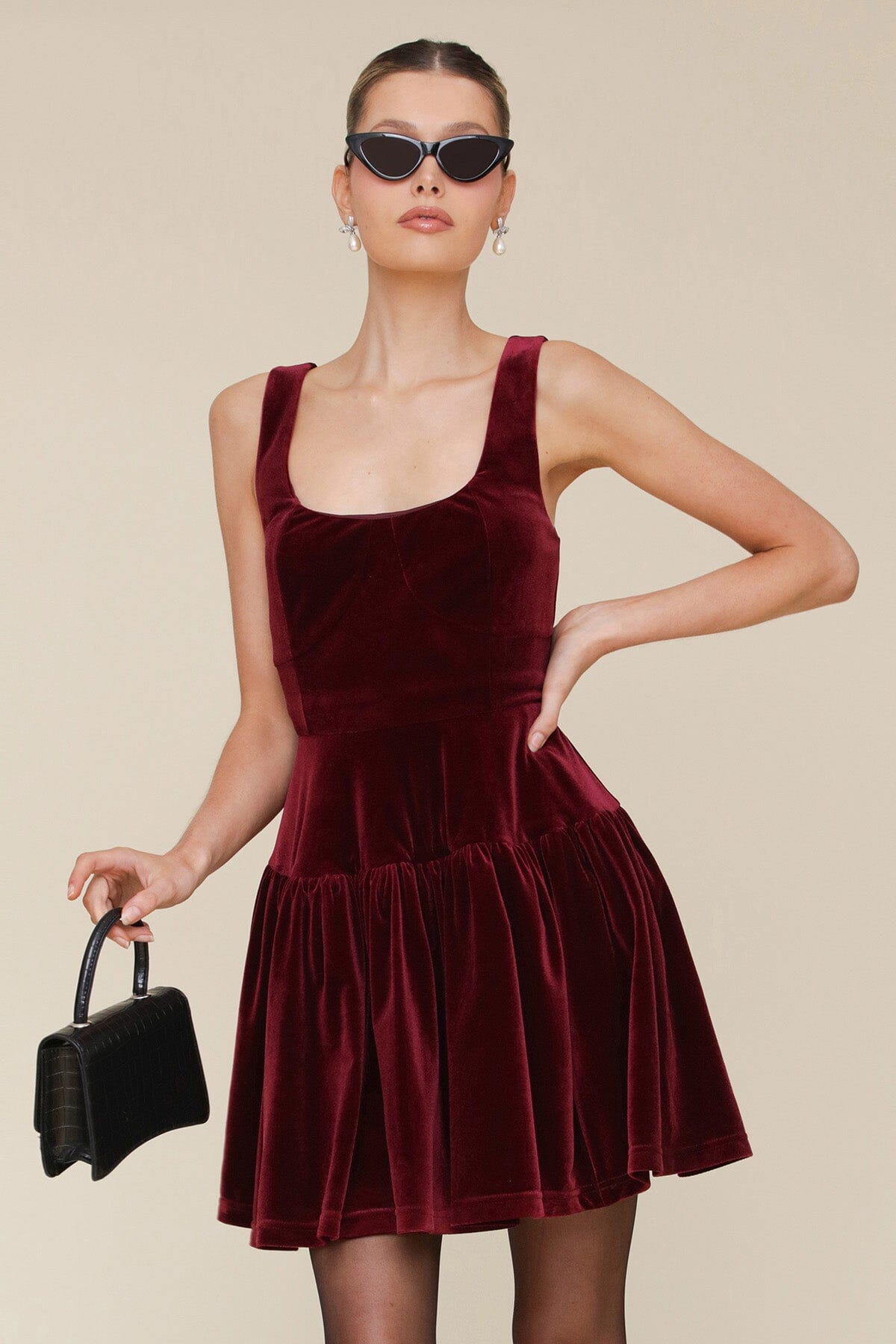 Burgundy Wine Velvet Fit & Flare Mini Dress with square neck and wide straps - Cute women's mini dresses by Avec Les Filles. Perfect for the cocktail and holidays