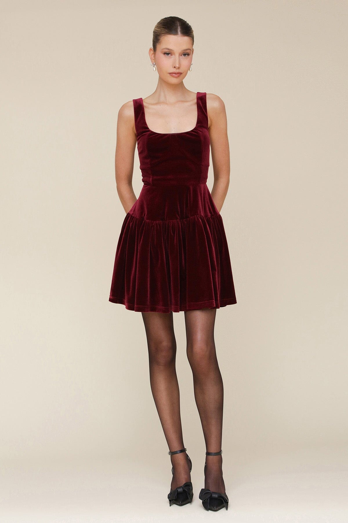 Burgundy Wine Velvet Fit & Flare Mini Dress with square neck and wide straps - Cute women's mini dresses by Avec Les Filles. Perfect for the cocktail and holidays