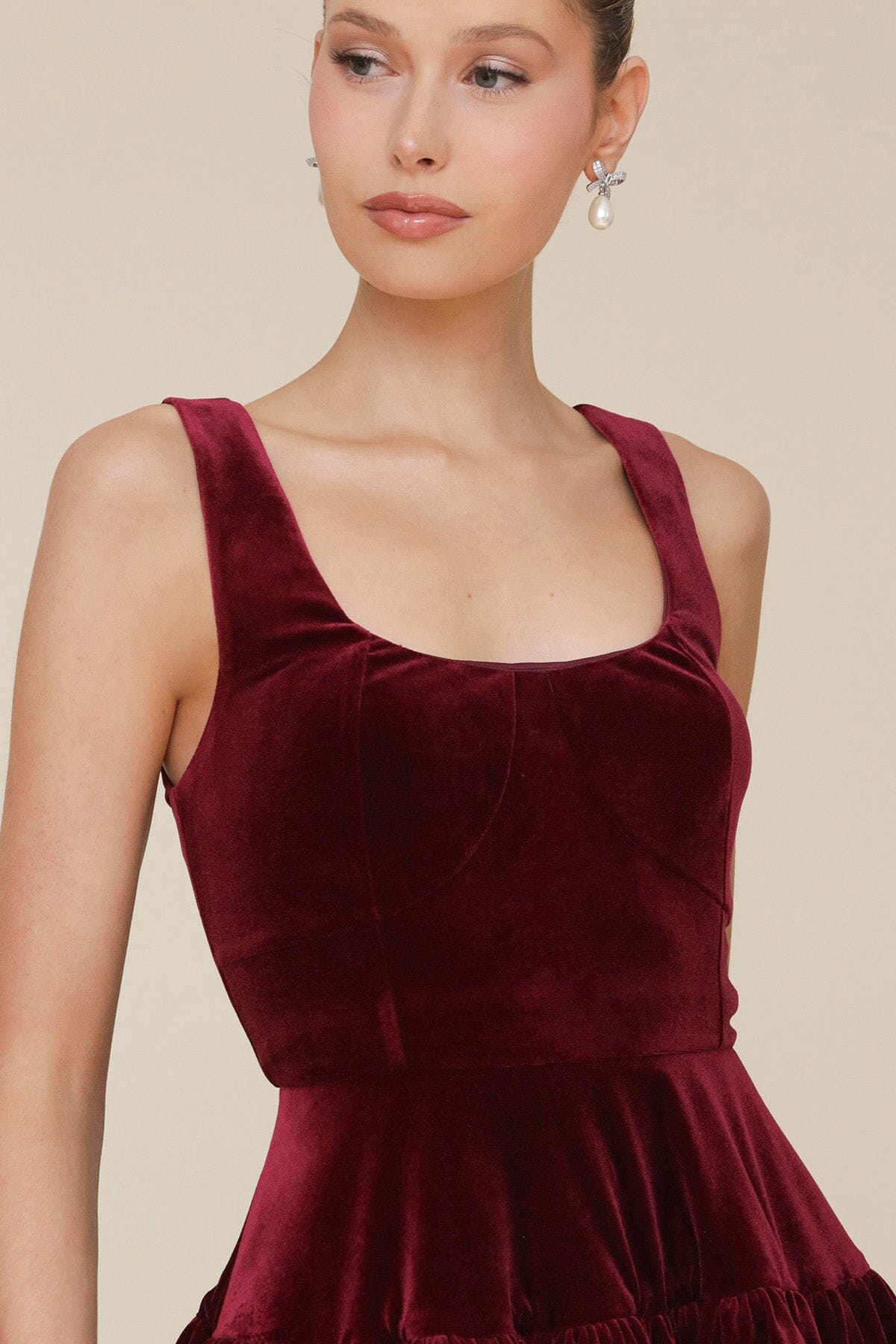 Burgundy Wine Velvet Fit & Flare Mini Dress with square neck and wide straps - Cute women's mini dresses by Avec Les Filles. Perfect for the cocktail and holidays