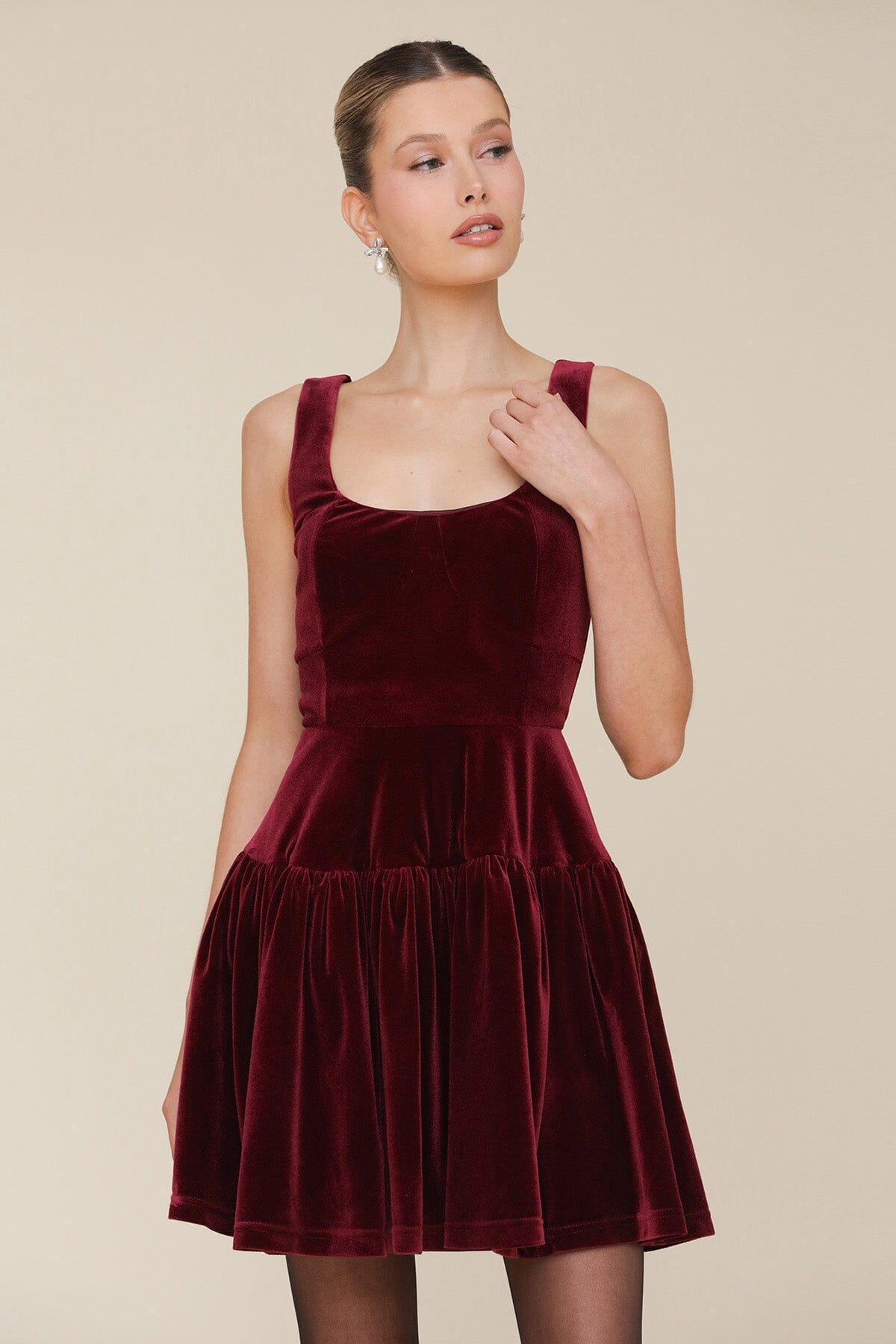 Burgundy Wine Velvet Fit & Flare Mini Dress with square neck and wide straps - Cute women's mini dresses by Avec Les Filles. Perfect for the cocktail and holidays