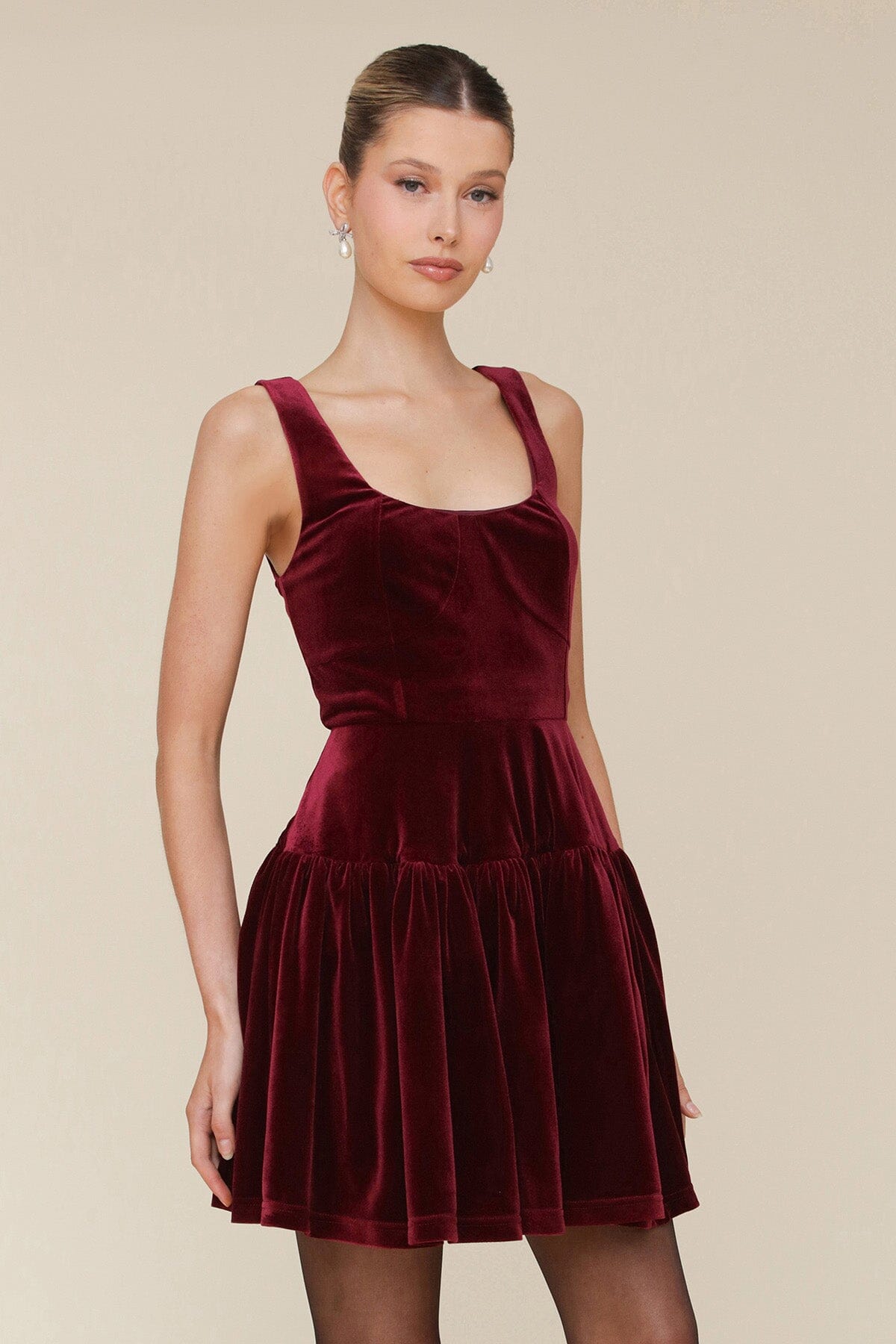 Burgundy Wine Velvet Fit & Flare Mini Dress with square neck and wide straps - Cute women's mini dresses by Avec Les Filles. Perfect for the cocktail and holidays