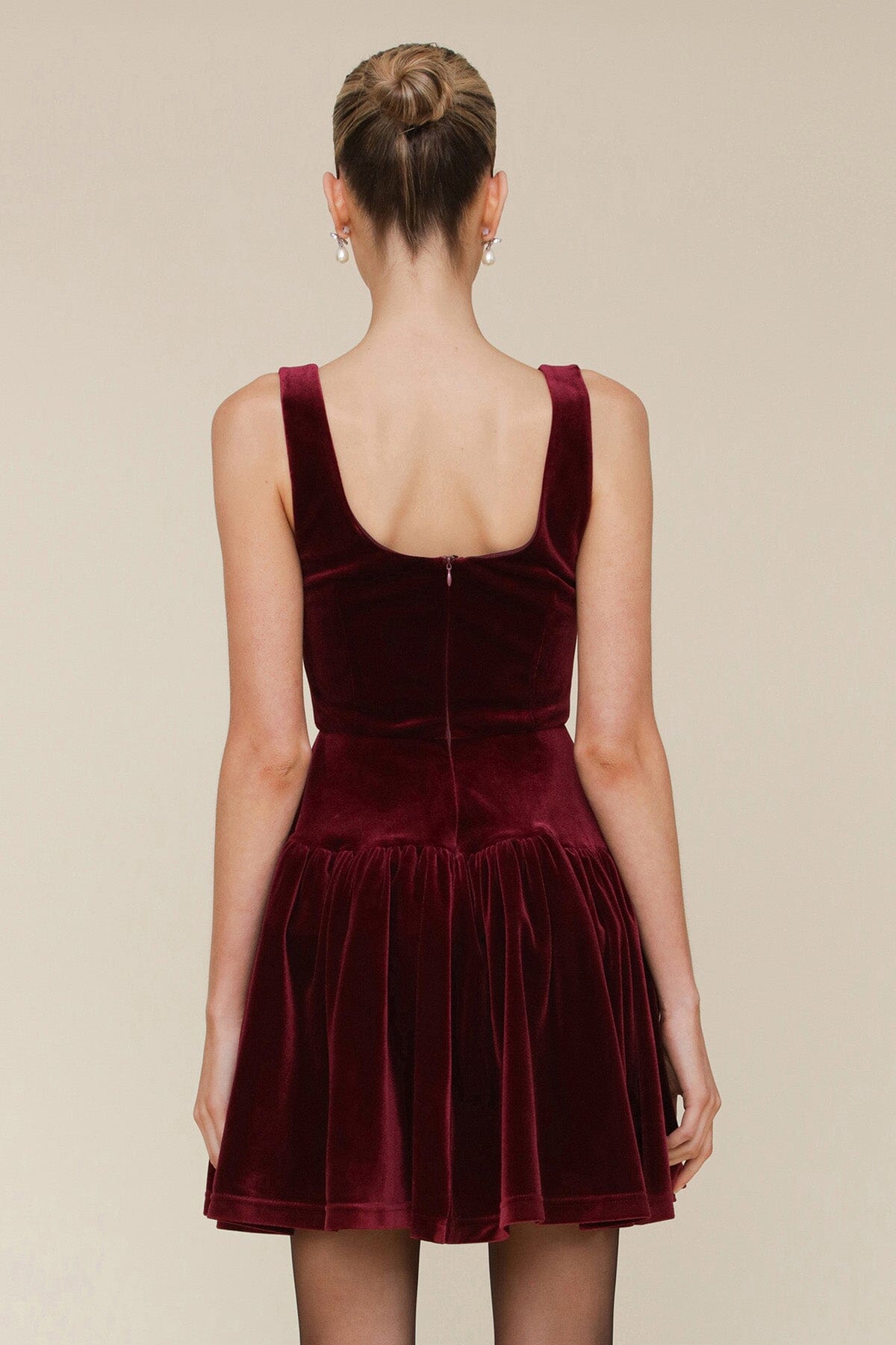 Burgundy Wine Velvet Fit & Flare Mini Dress with square neck and wide straps - Cute women's mini dresses by Avec Les Filles. Perfect for the cocktail and holidays