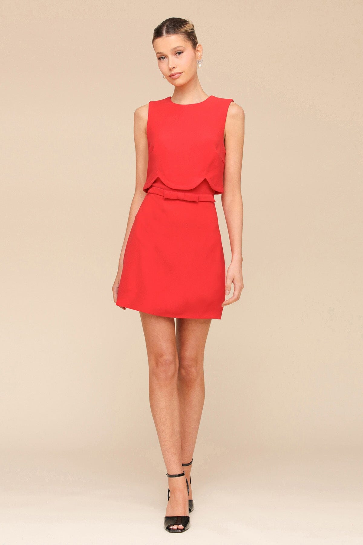 Red Scallop & Bow Embellished Mini Dress - Cute designer dresses by Avec Les Filles