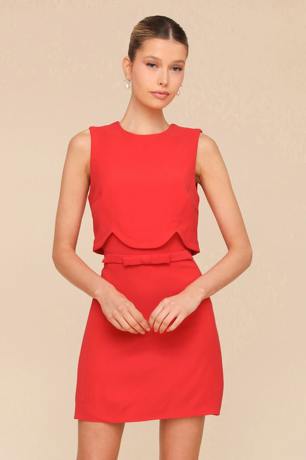 Red Scallop & Bow Embellished Mini Dress - Cute designer dresses by Avec Les Filles