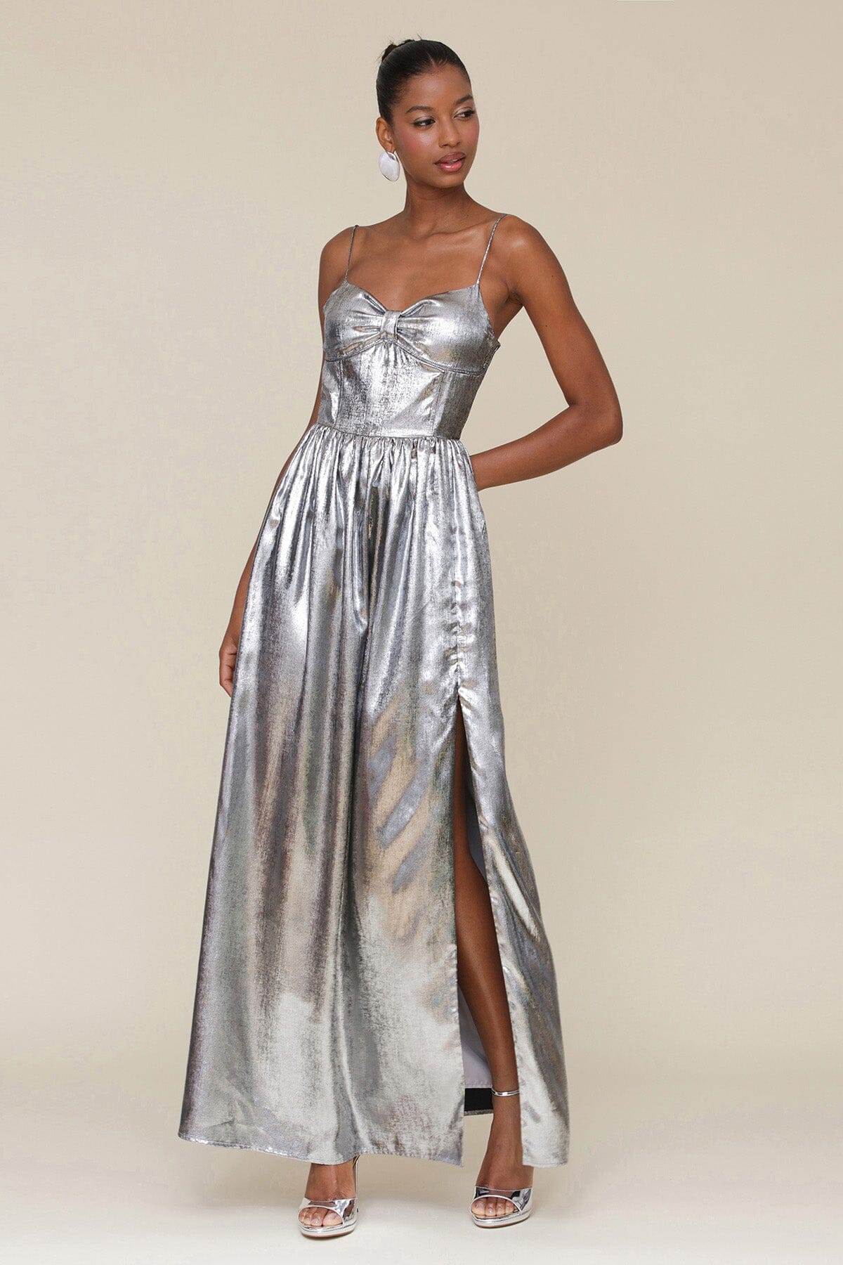 Spaghetti Strap Sweetheart Metallic Silver Long Maxi Dress - Party, Holiday NYE Dresses by Avec Les Filles