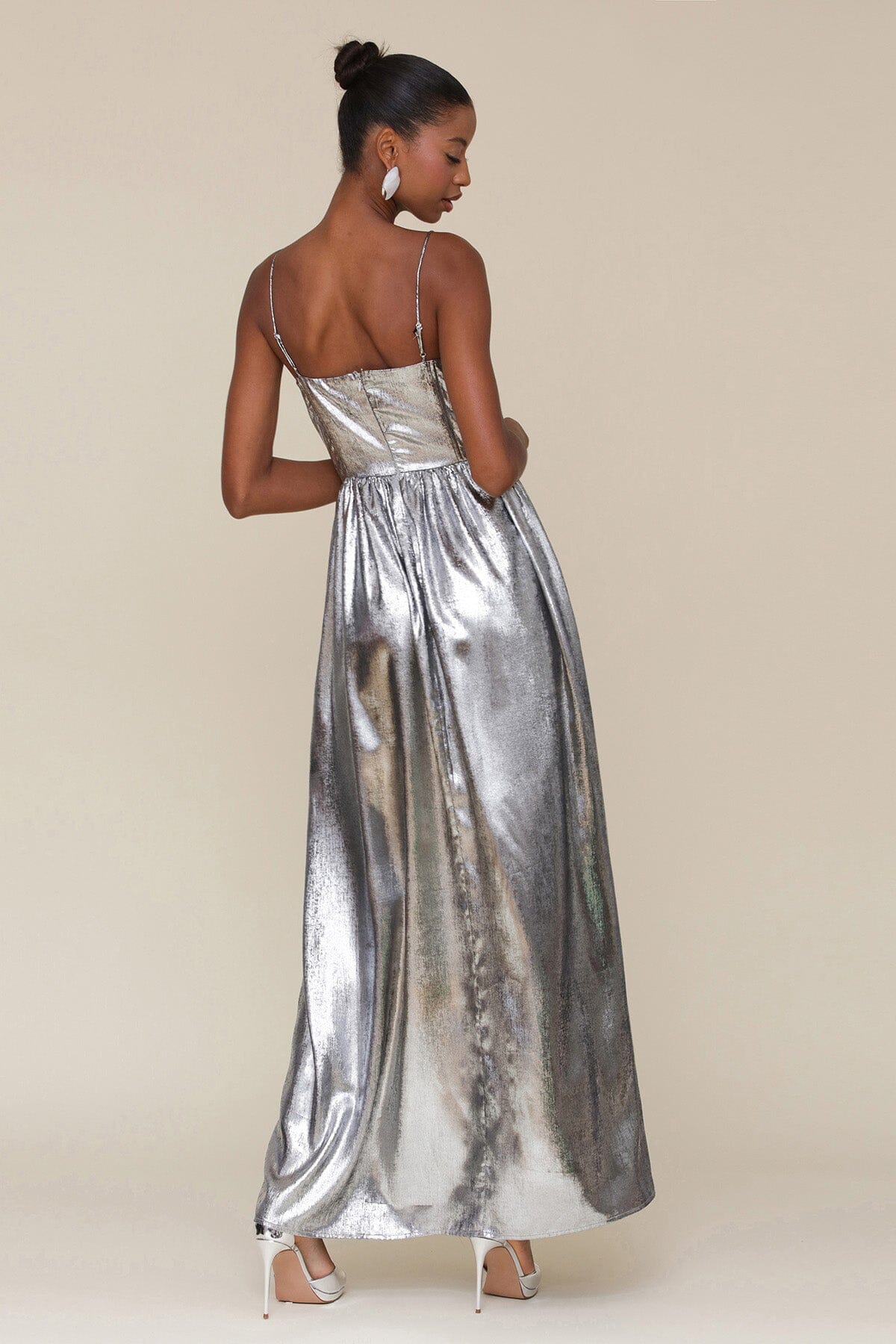 Spaghetti Strap Sweetheart Metallic Silver Long Maxi Dress - Party, Holiday NYE Dresses by Avec Les Filles