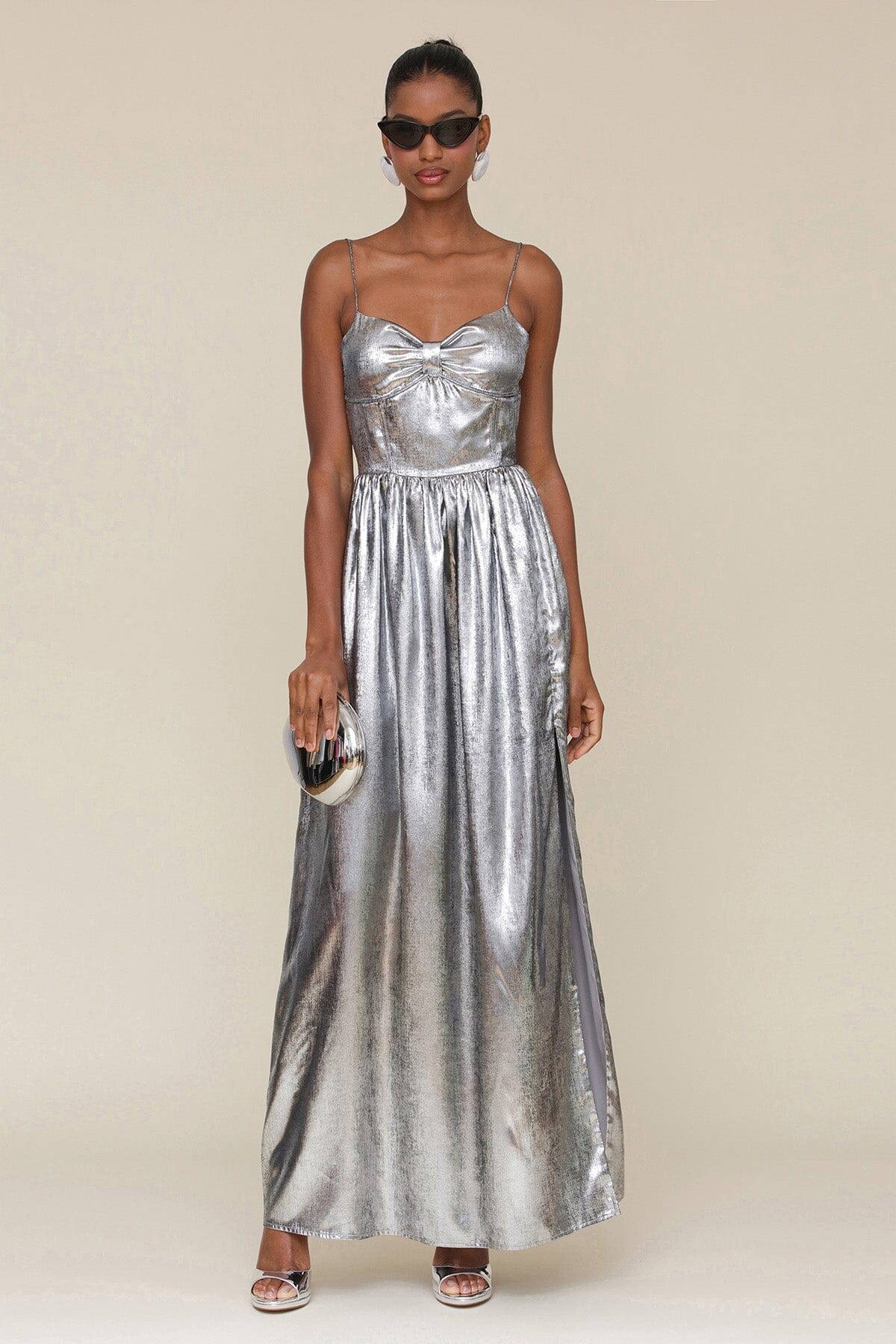 Spaghetti Strap Sweetheart Metallic Silver Long Maxi Dress - Party, Holiday NYE Dresses by Avec Les Filles